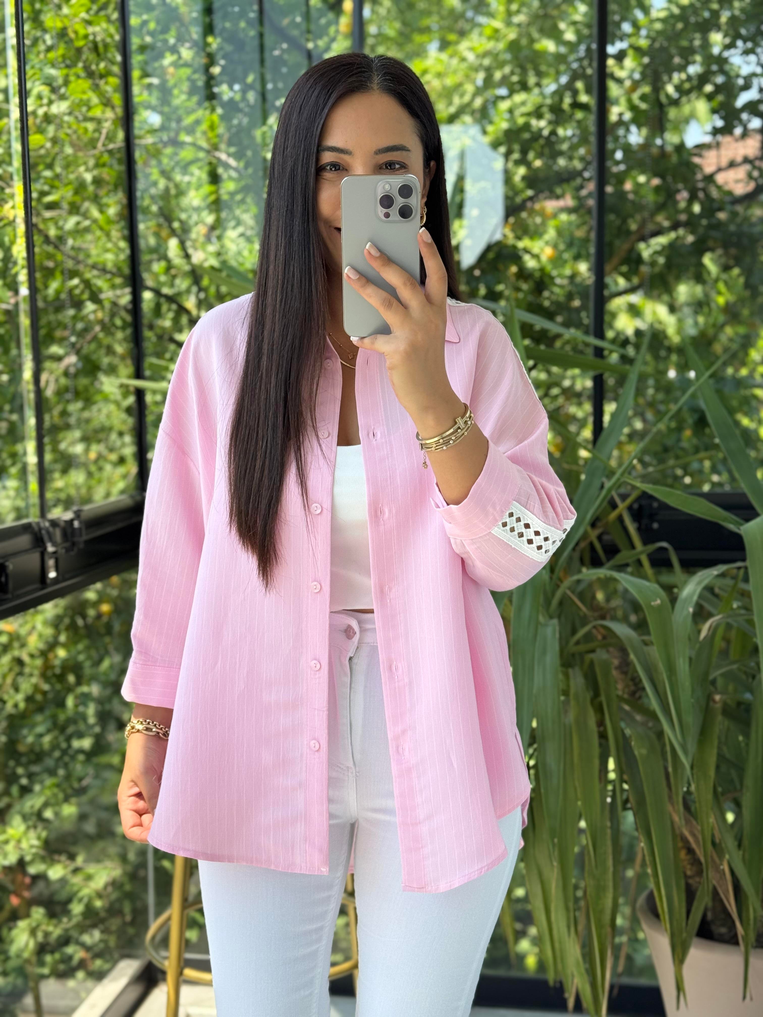 Kol Detaylı Çizgili Gömlek Pembe