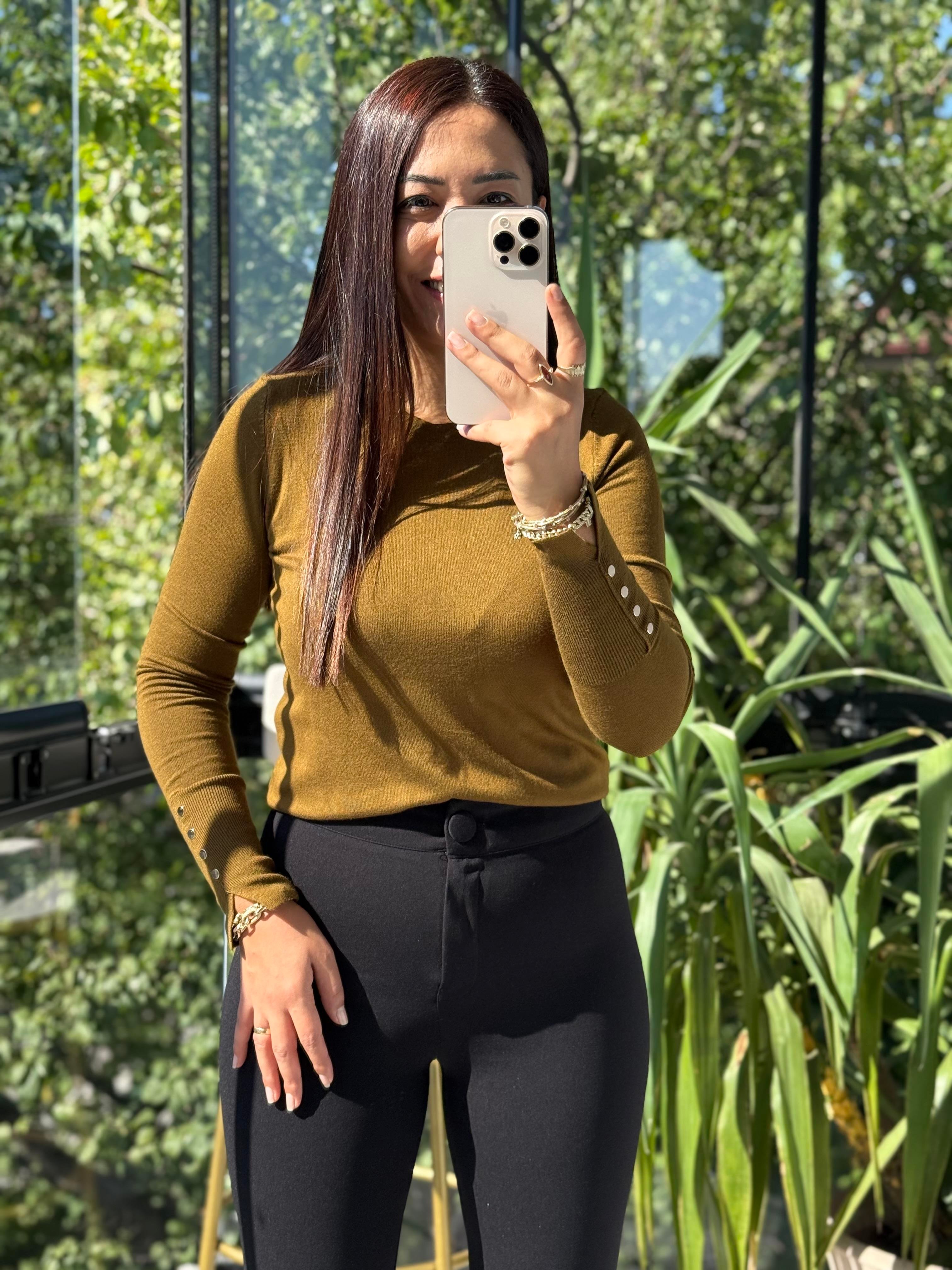 Kol Ortası Droplu Triko Kazak Yağ Yeşili