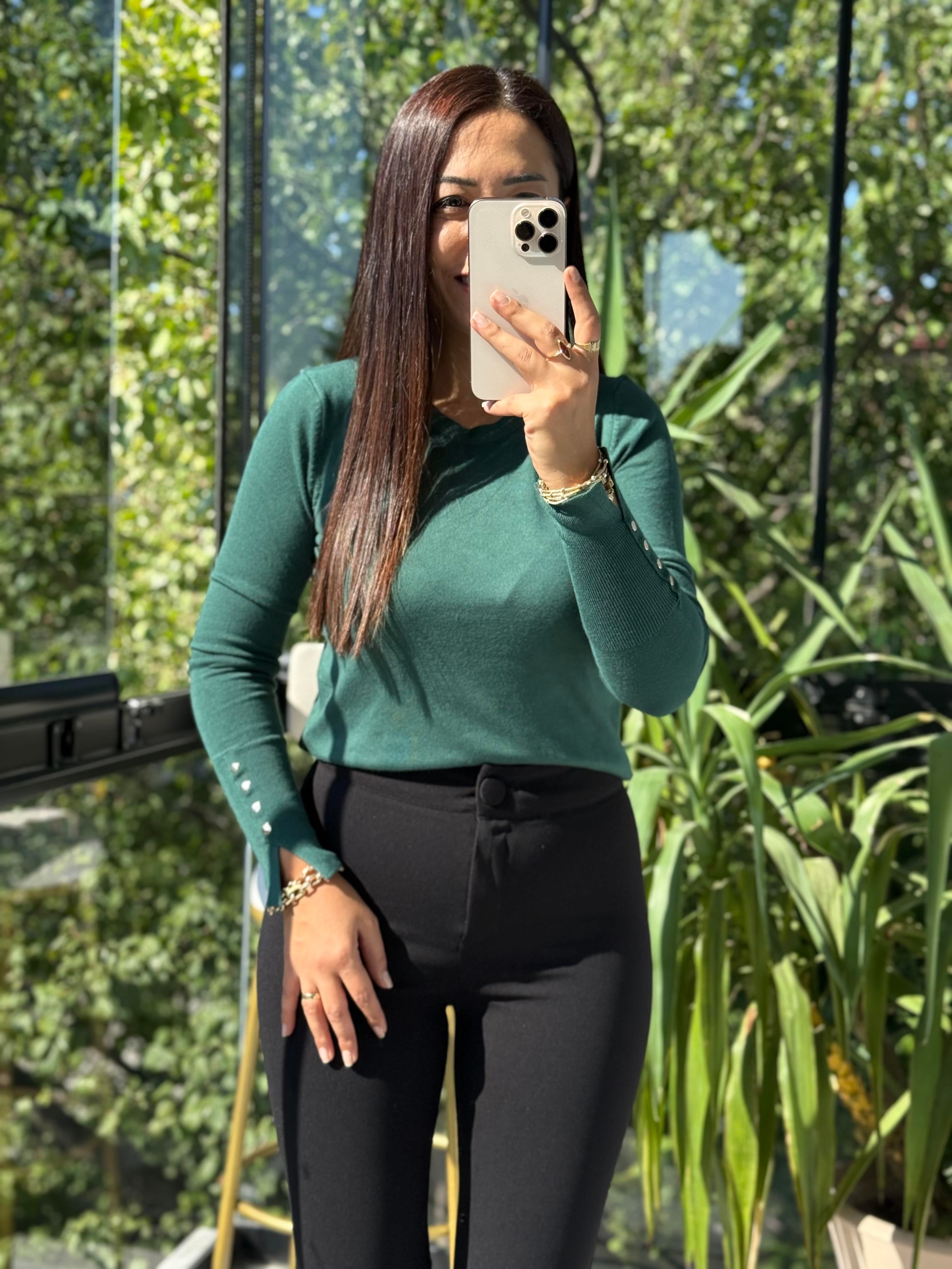 Kol Ortası Droplu Triko Kazak Zümrüt