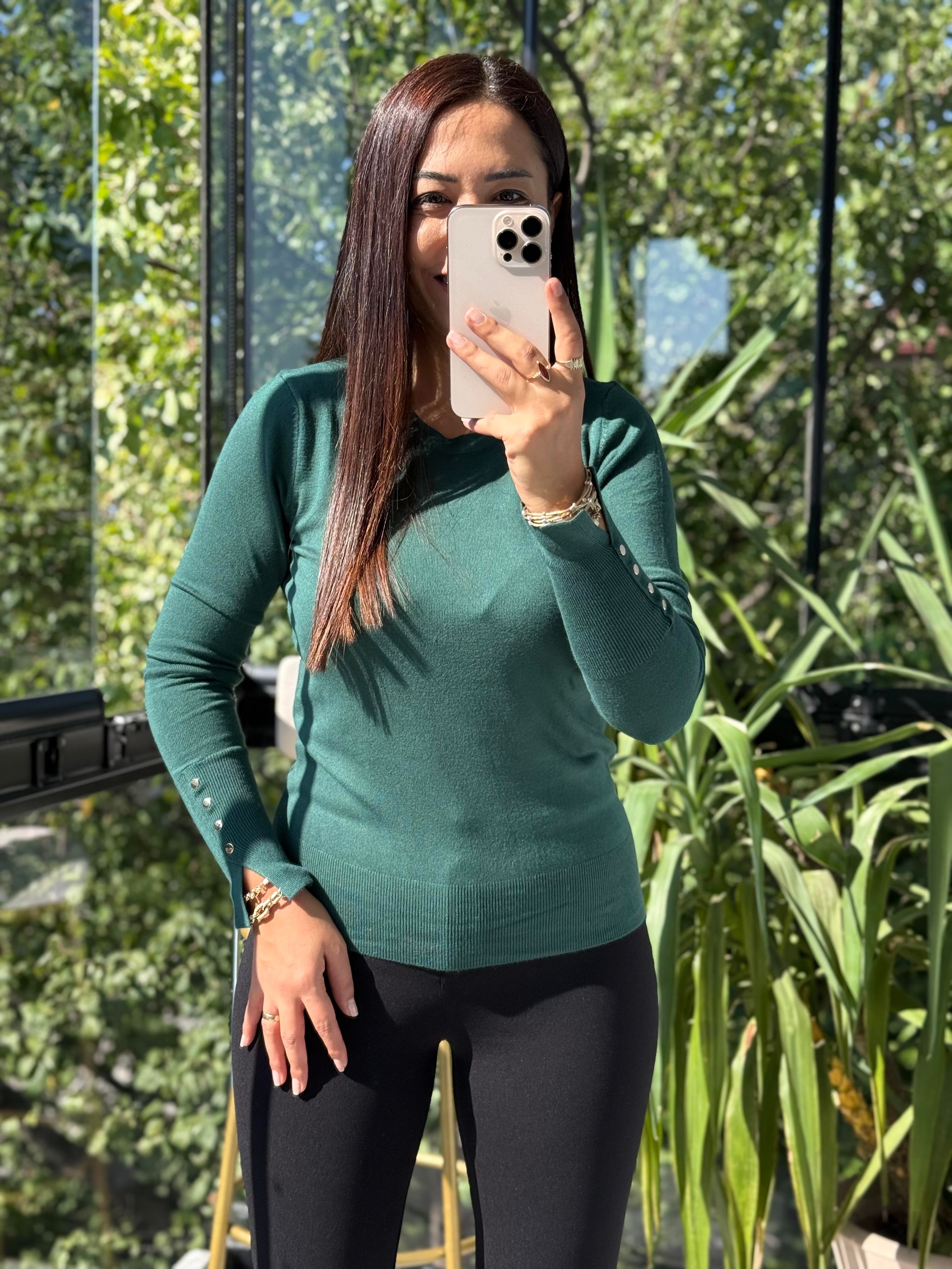 Kol Ortası Droplu Triko Kazak Zümrüt