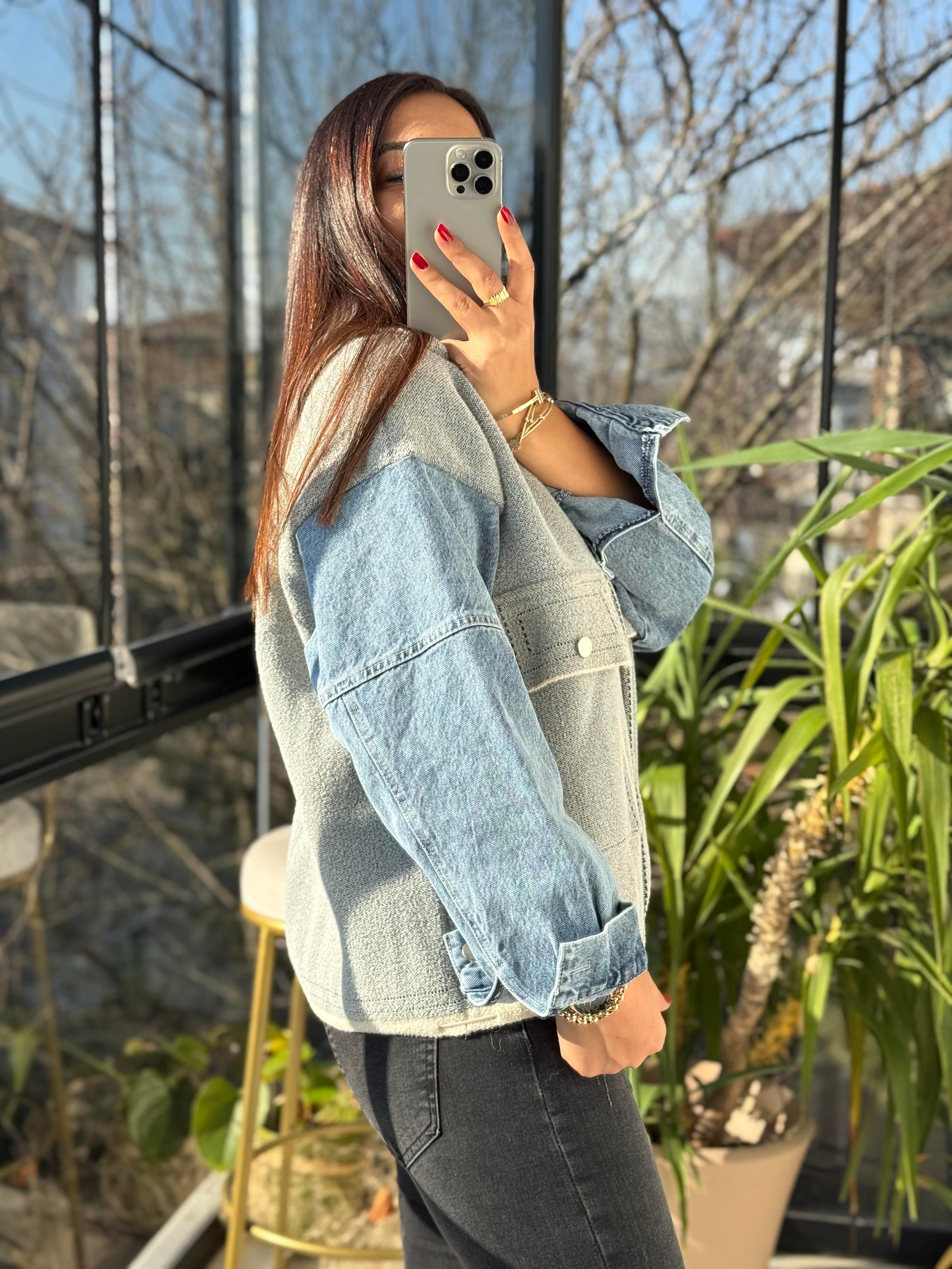 Kolları Kot Detaylı Hırka Gri