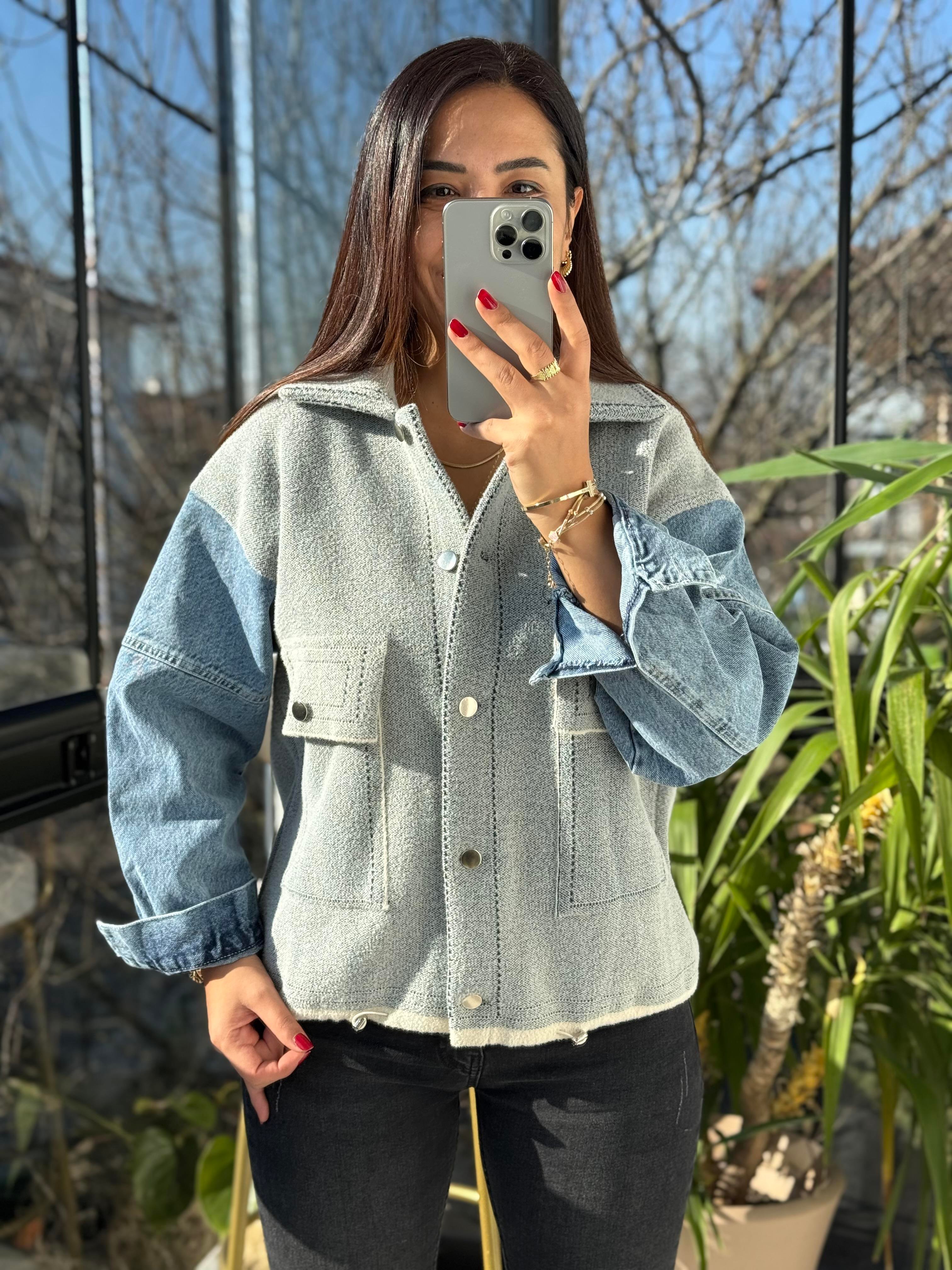 Kolları Kot Detaylı Hırka Gri