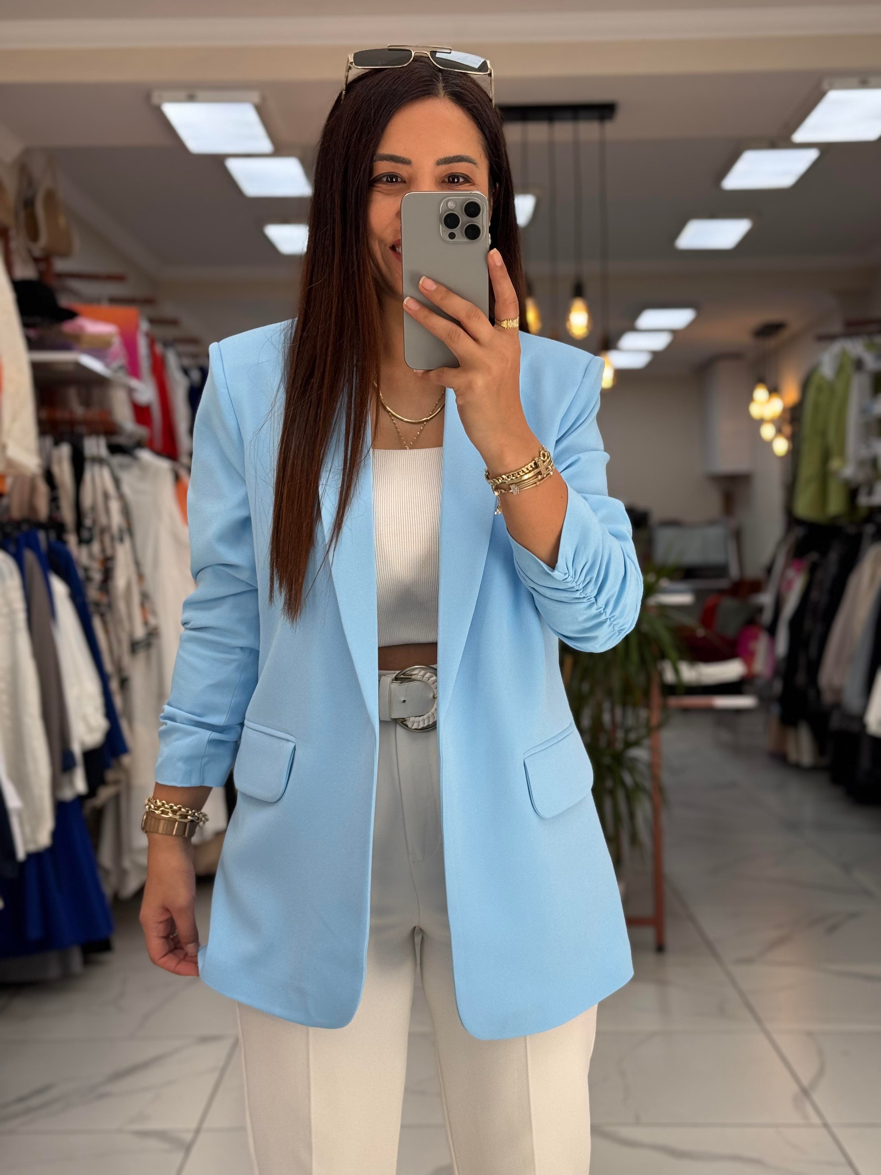 Kolu Büzgülü Blazer Ceket Bebe Mavi