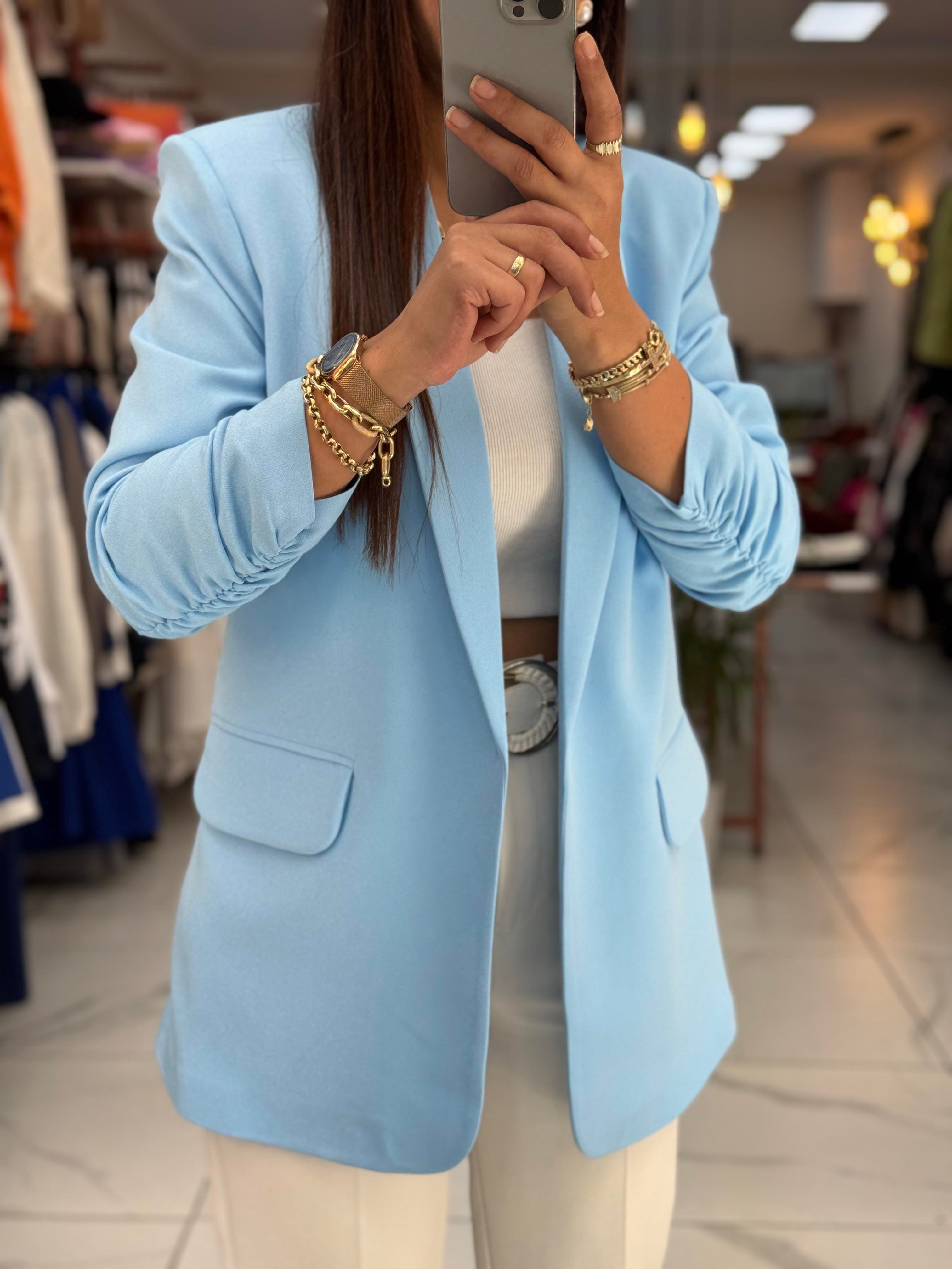 Kolu Büzgülü Blazer Ceket Bebe Mavi