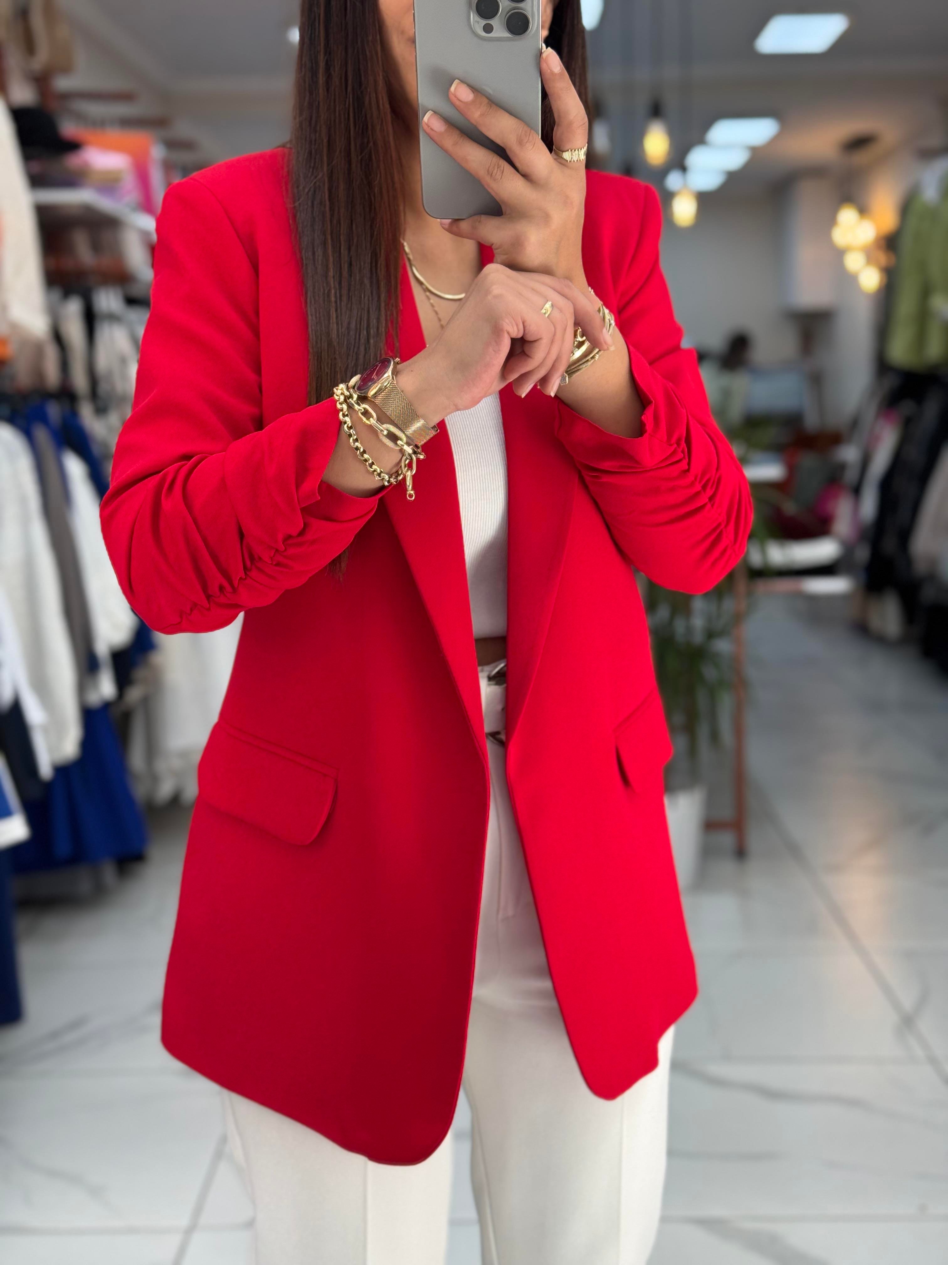 Kolu Büzgülü Blazer Ceket Kırmızı