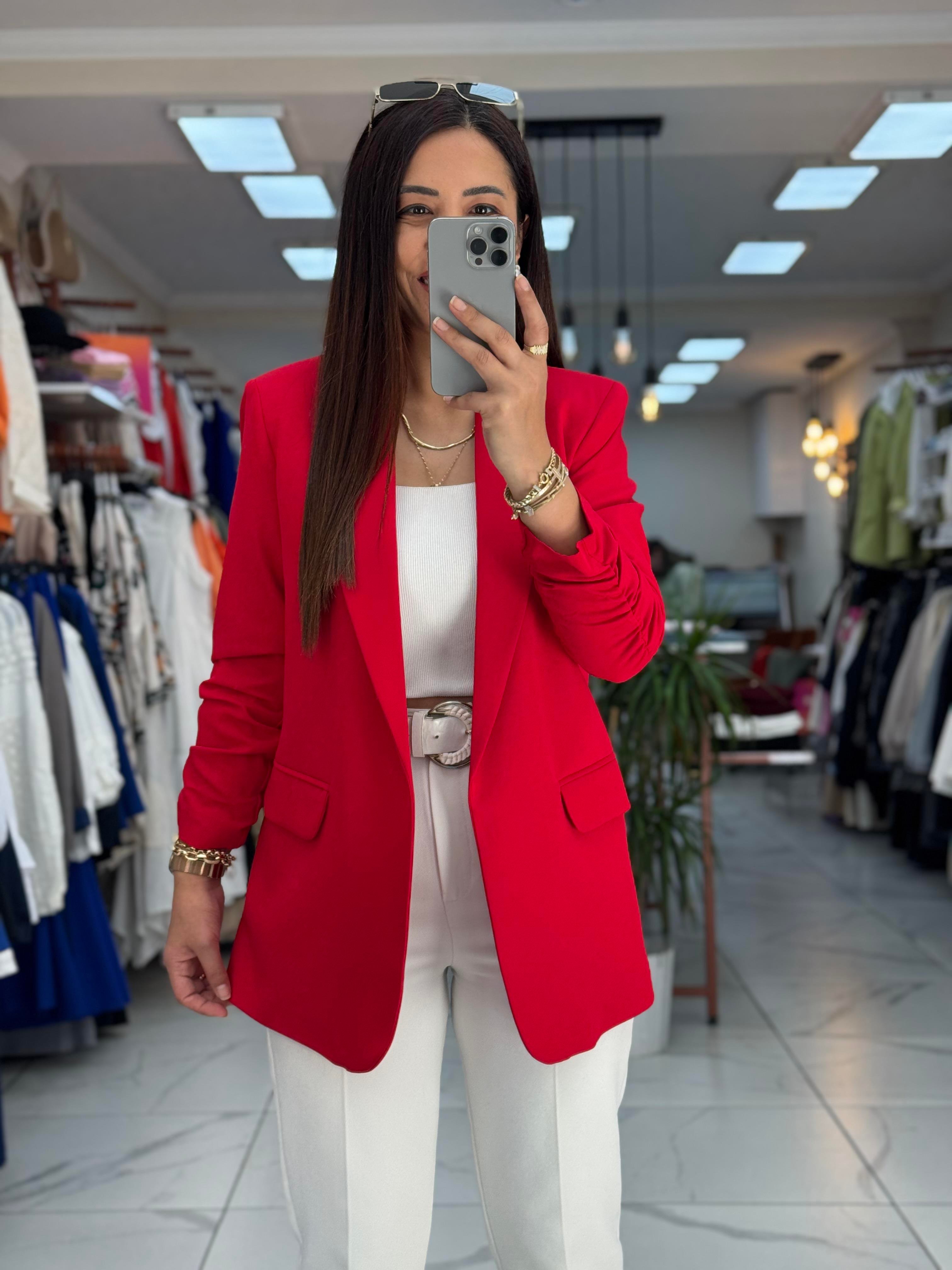 Kolu Büzgülü Blazer Ceket Kırmızı