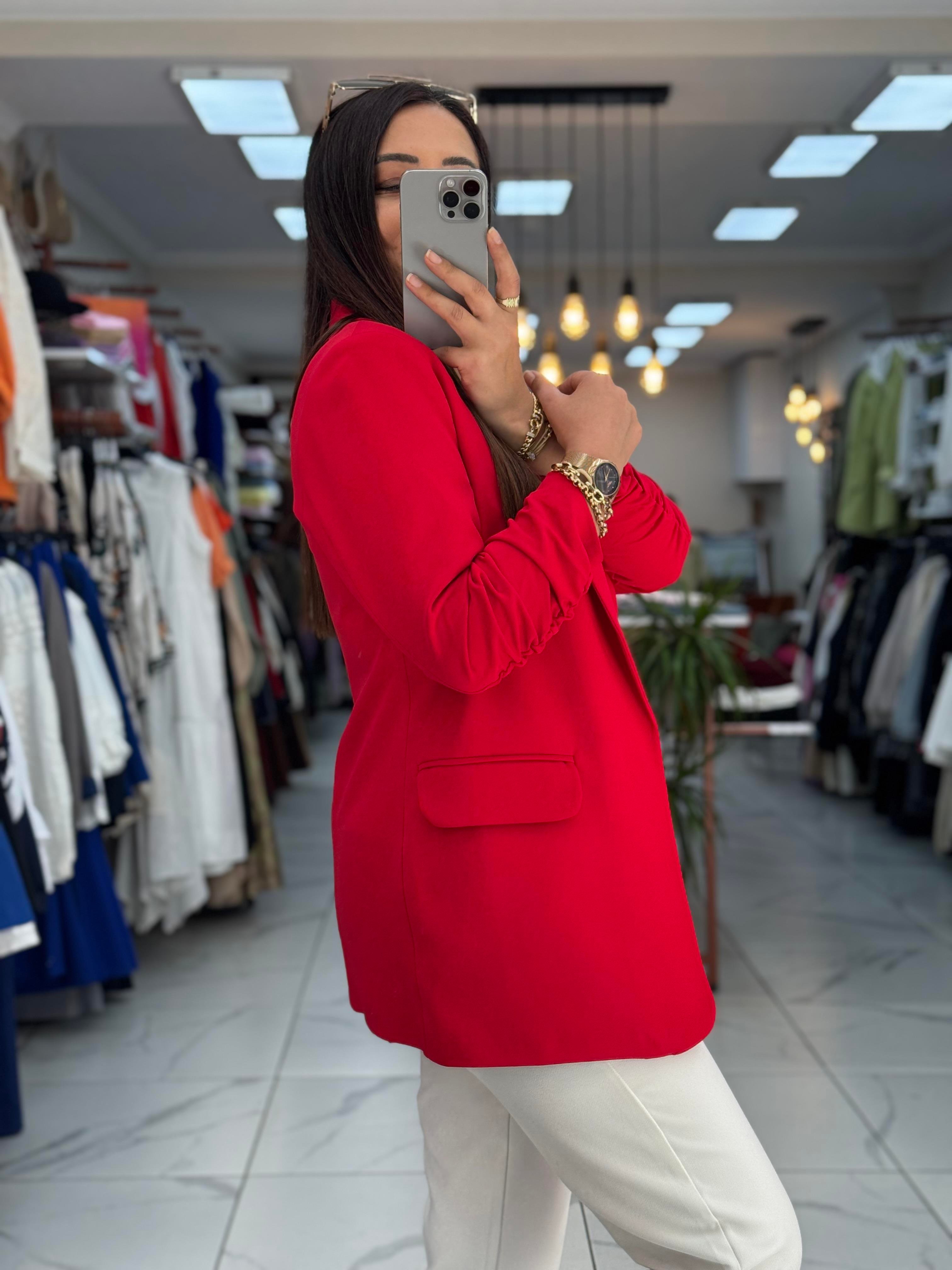 Kolu Büzgülü Blazer Ceket Kırmızı