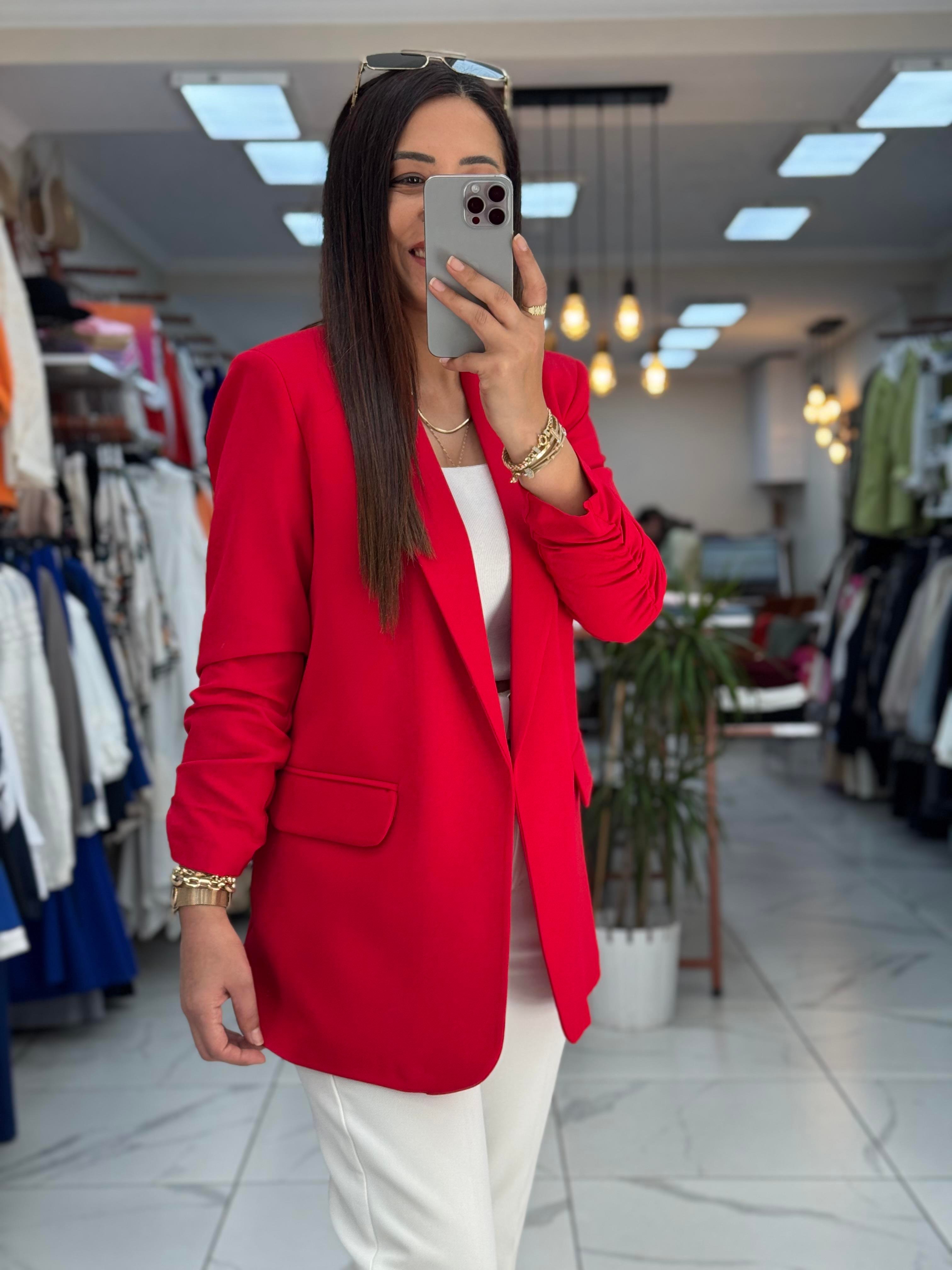 Kolu Büzgülü Blazer Ceket Kırmızı