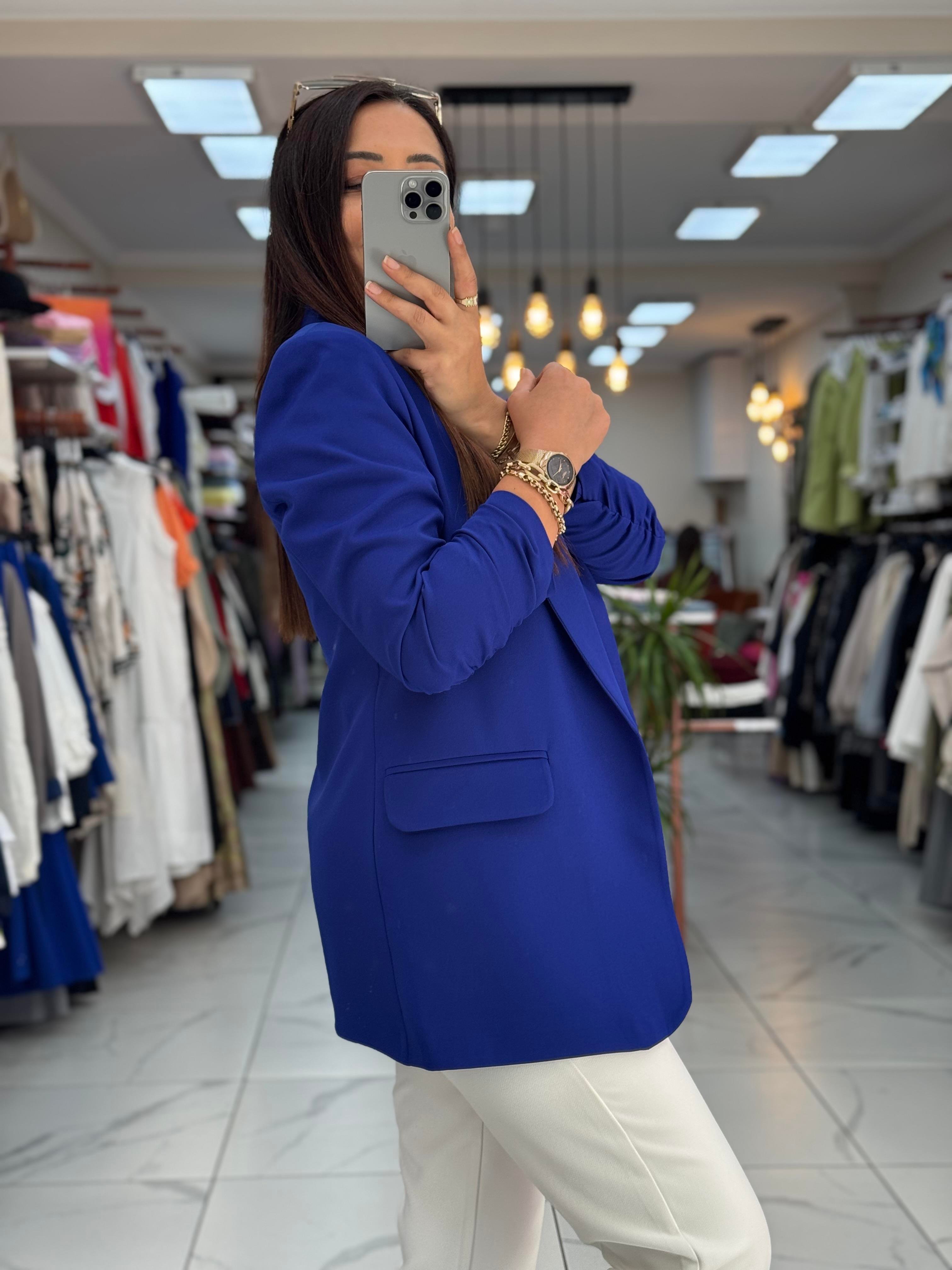 Kolu Büzgülü Blazer Ceket Sax Mavi