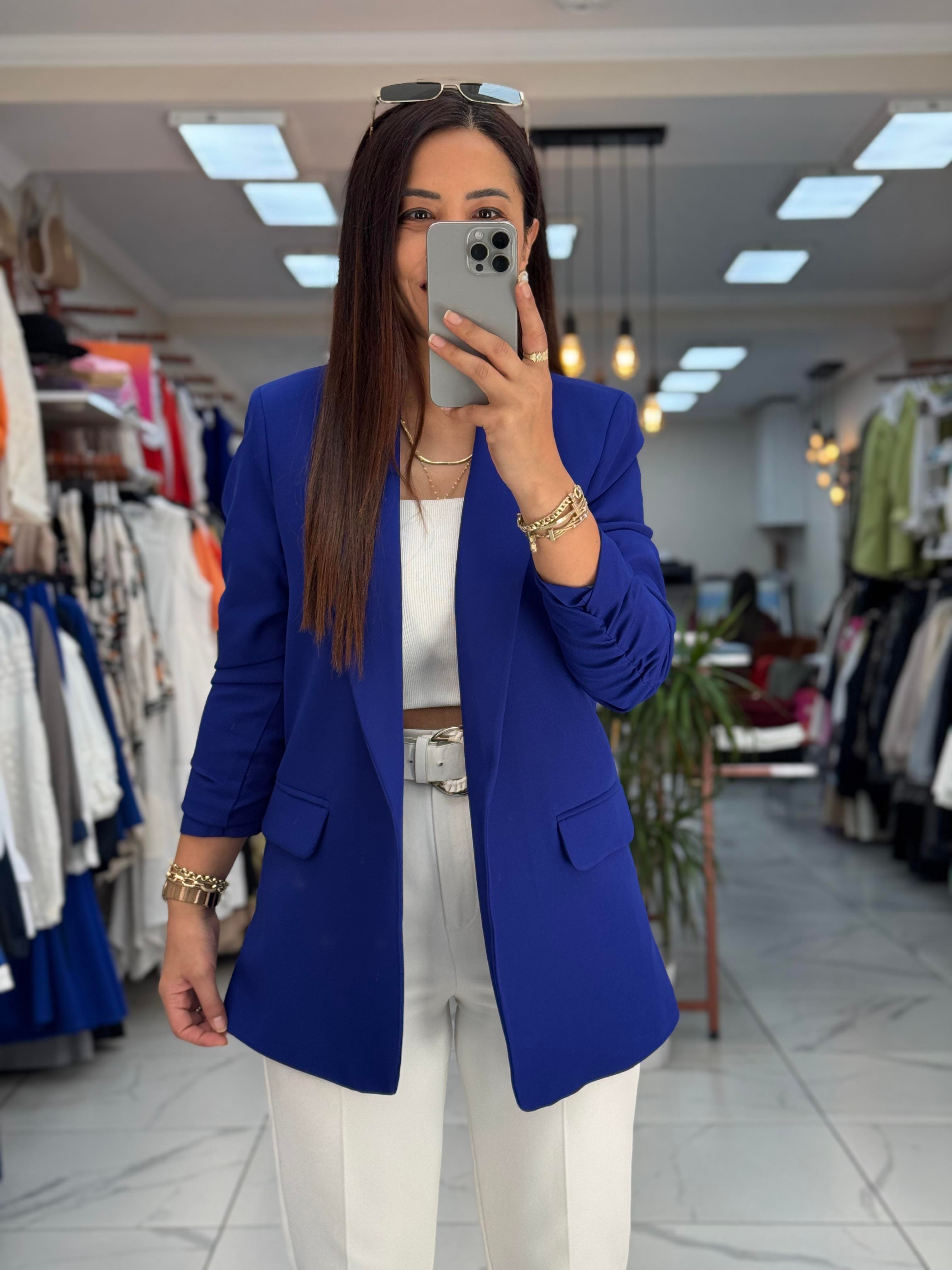 Kolu Büzgülü Blazer Ceket Sax Mavi