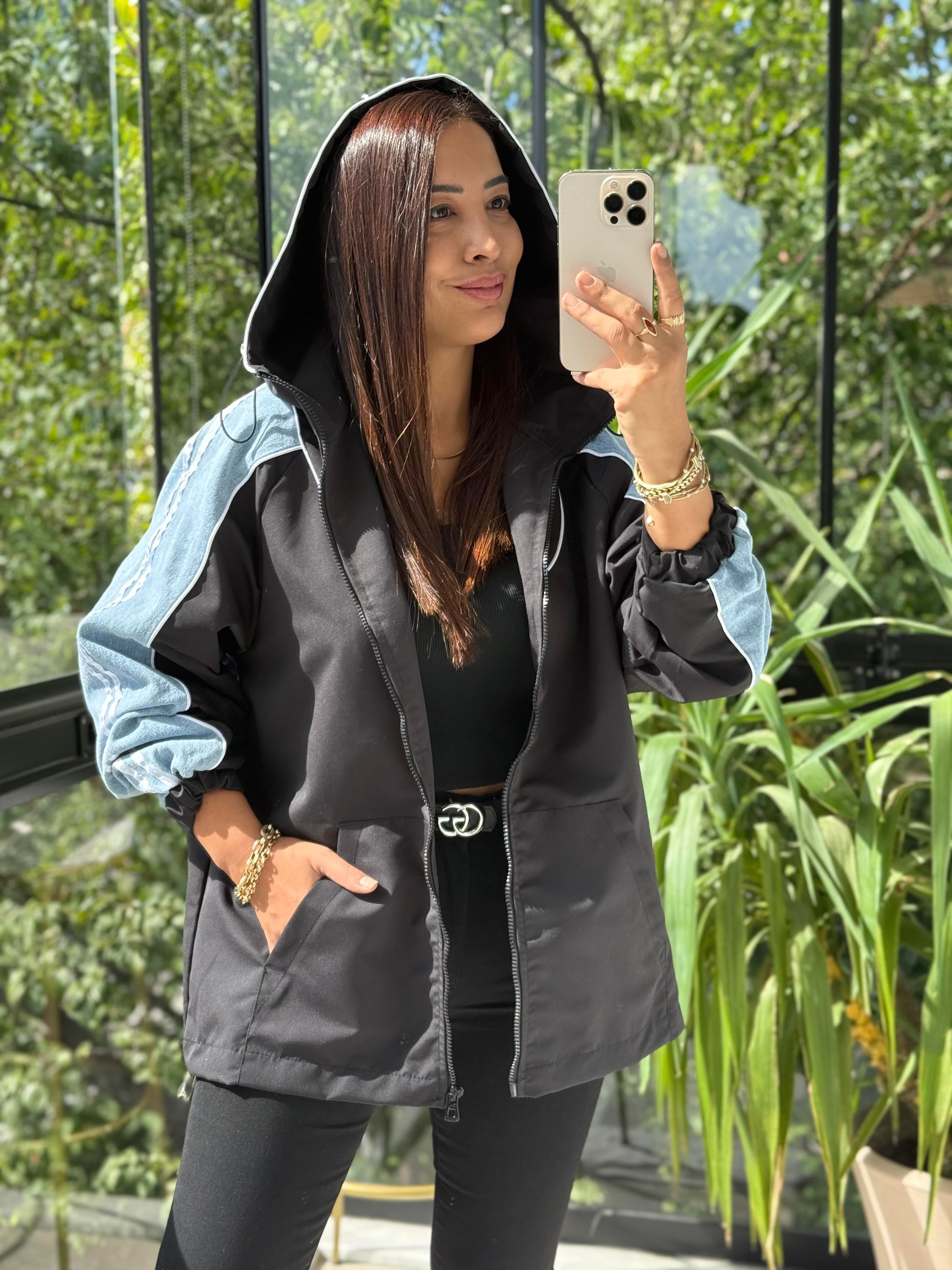 Kolu Çizgili Mix Yağmurluk Siyah