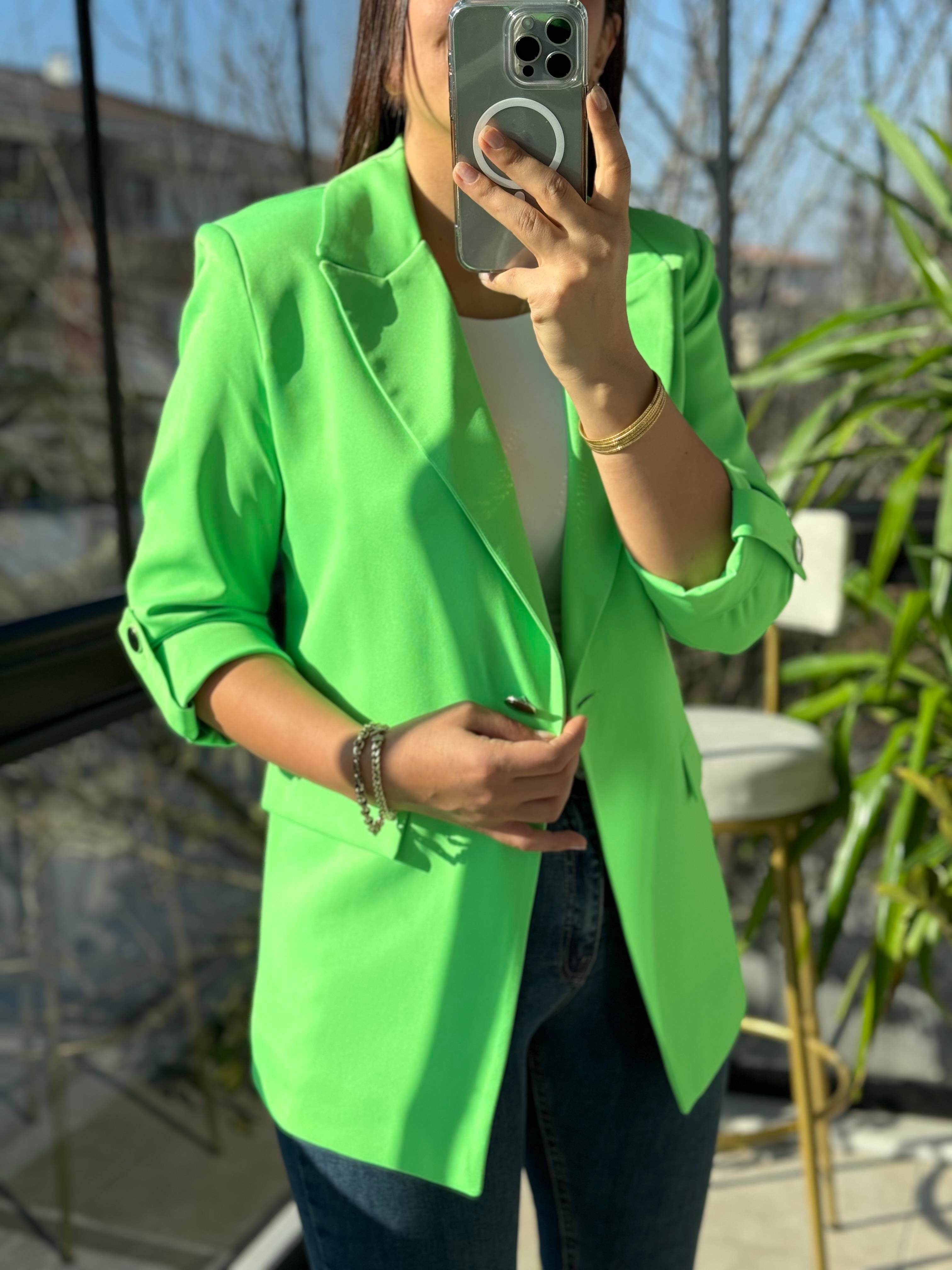 Kolu Düğmeli Blazer Ceket Açık Yeşil