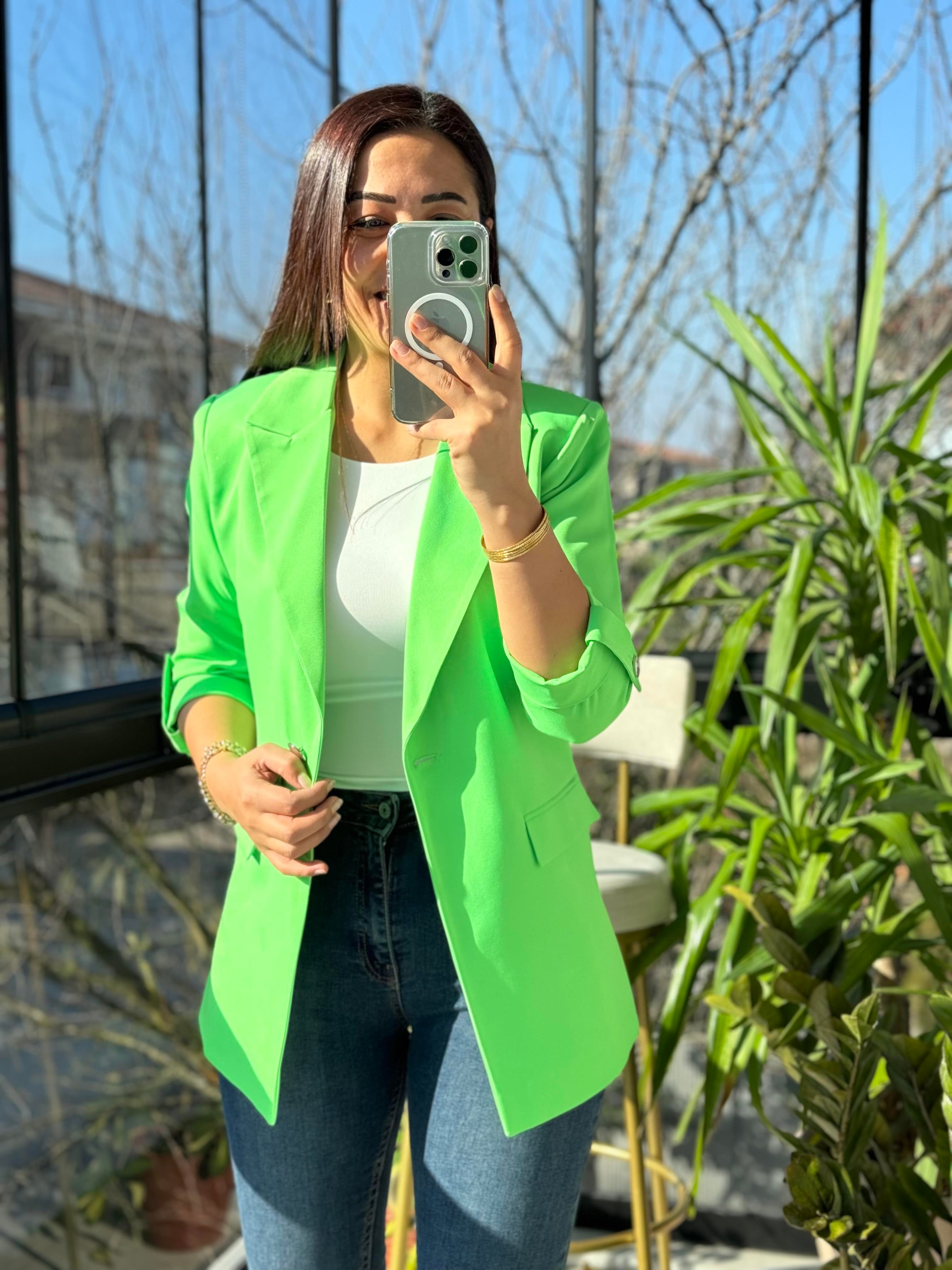 Kolu Düğmeli Blazer Ceket Açık Yeşil