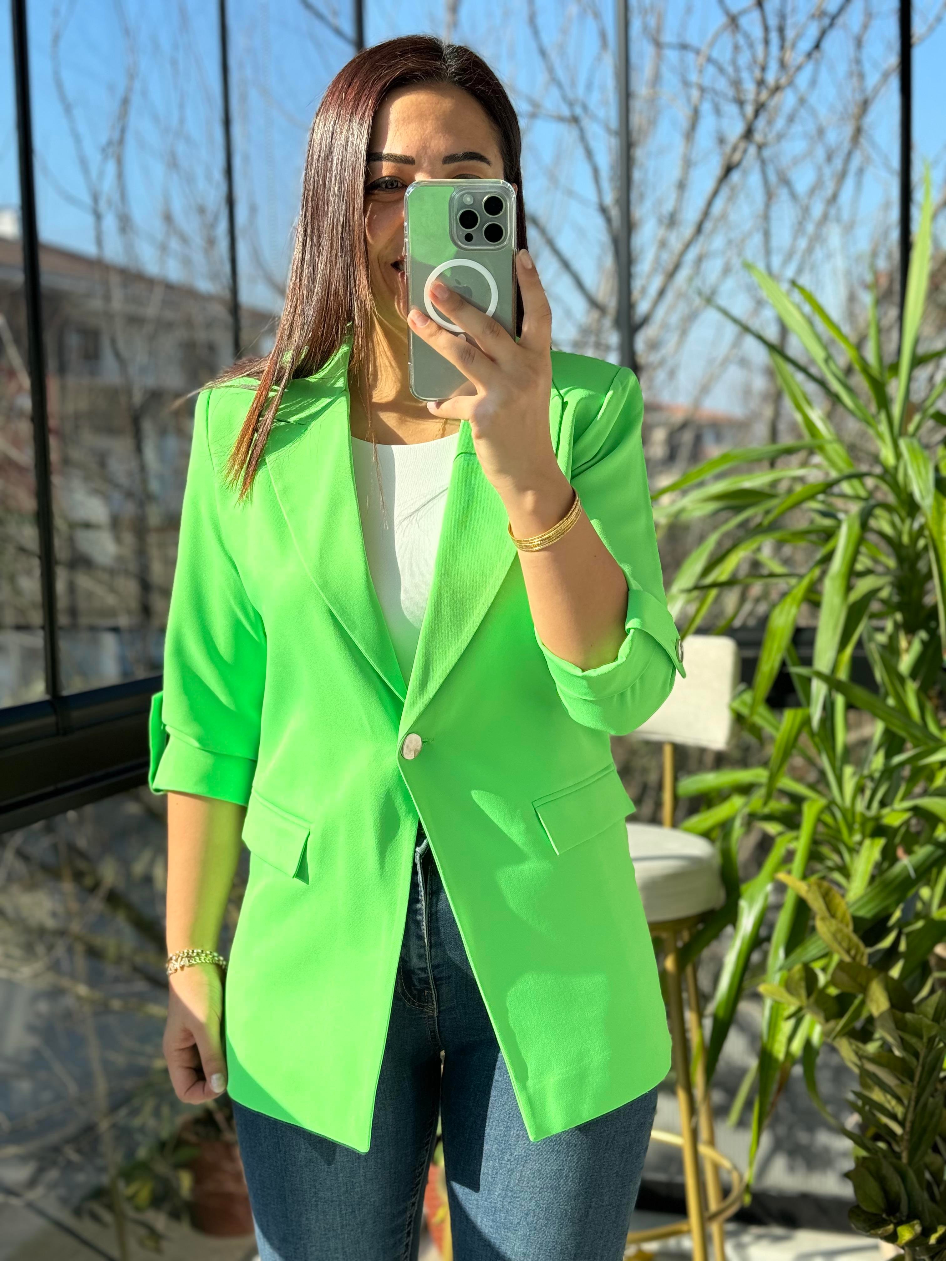 Kolu Düğmeli Blazer Ceket Açık Yeşil