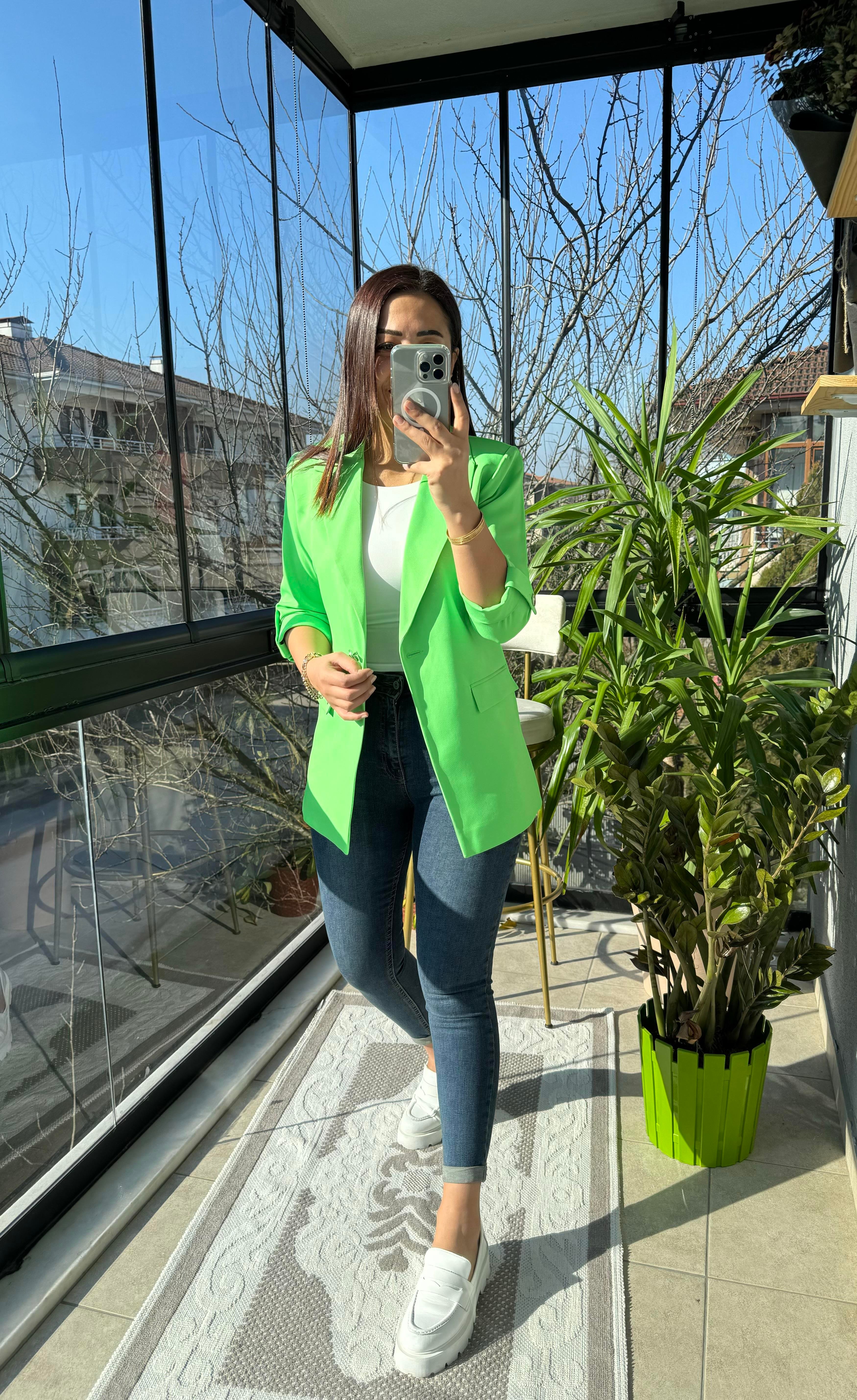 Kolu Düğmeli Blazer Ceket Açık Yeşil