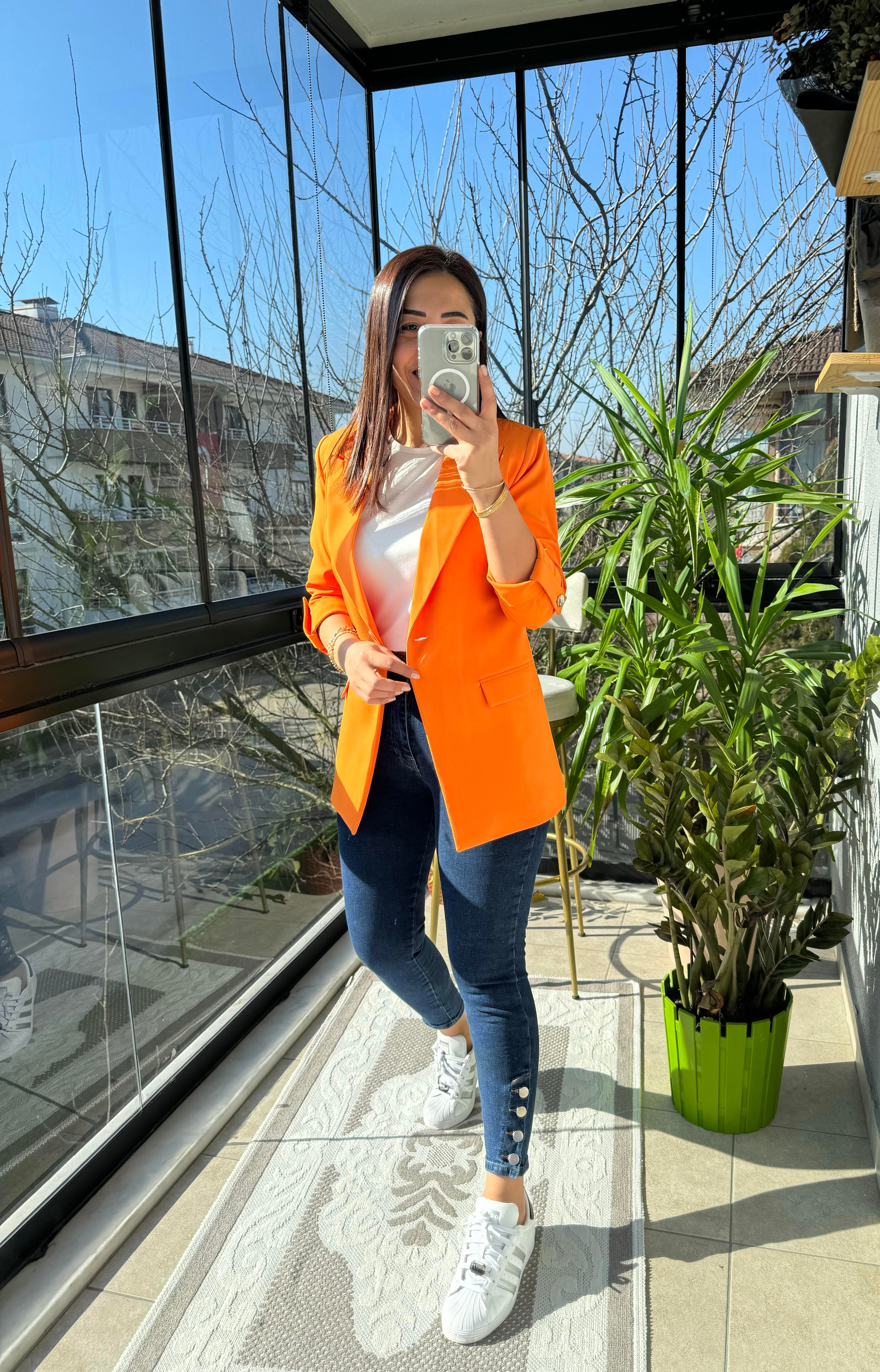 Kolu Düğmeli Blazer Ceket Turuncu