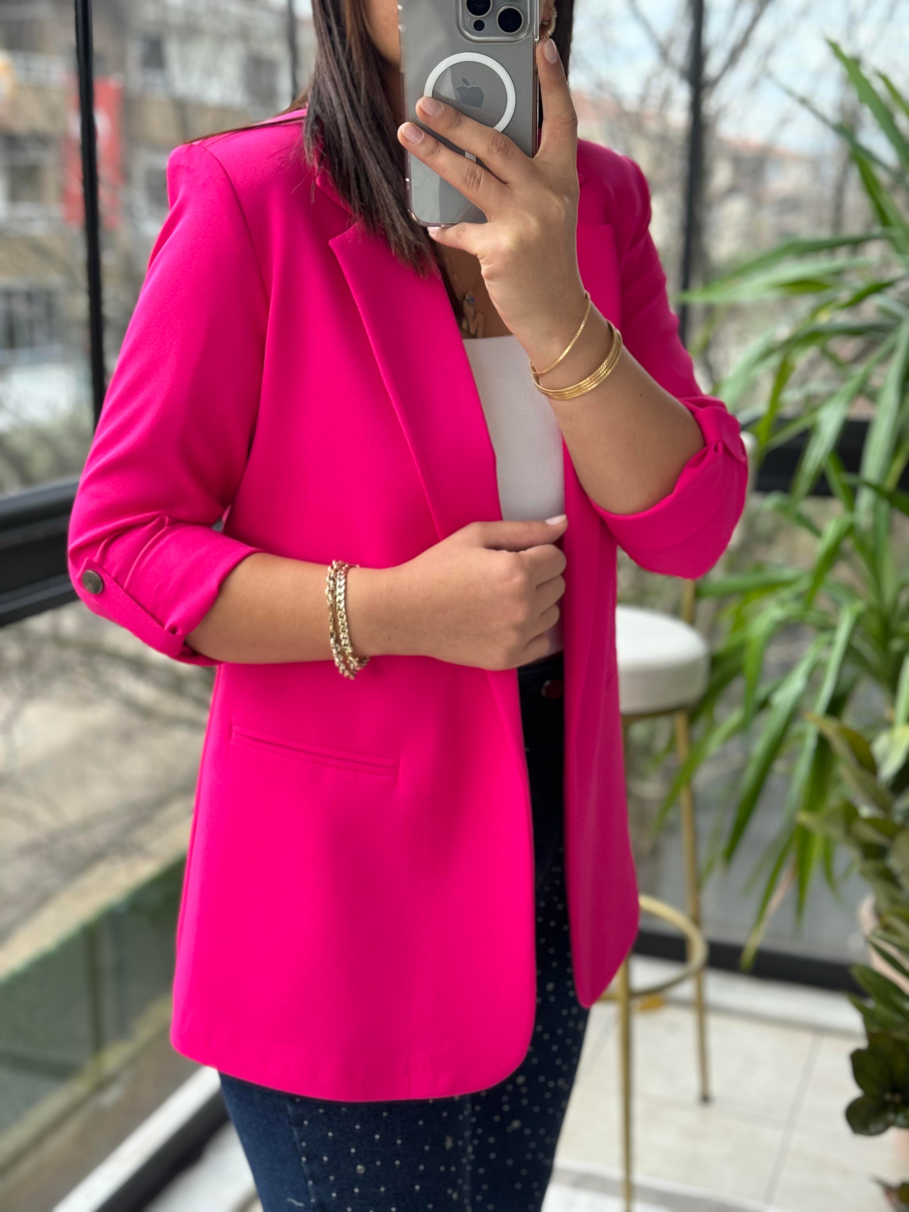Kolu Kat Detaylı Blazer Ceket Fuşya