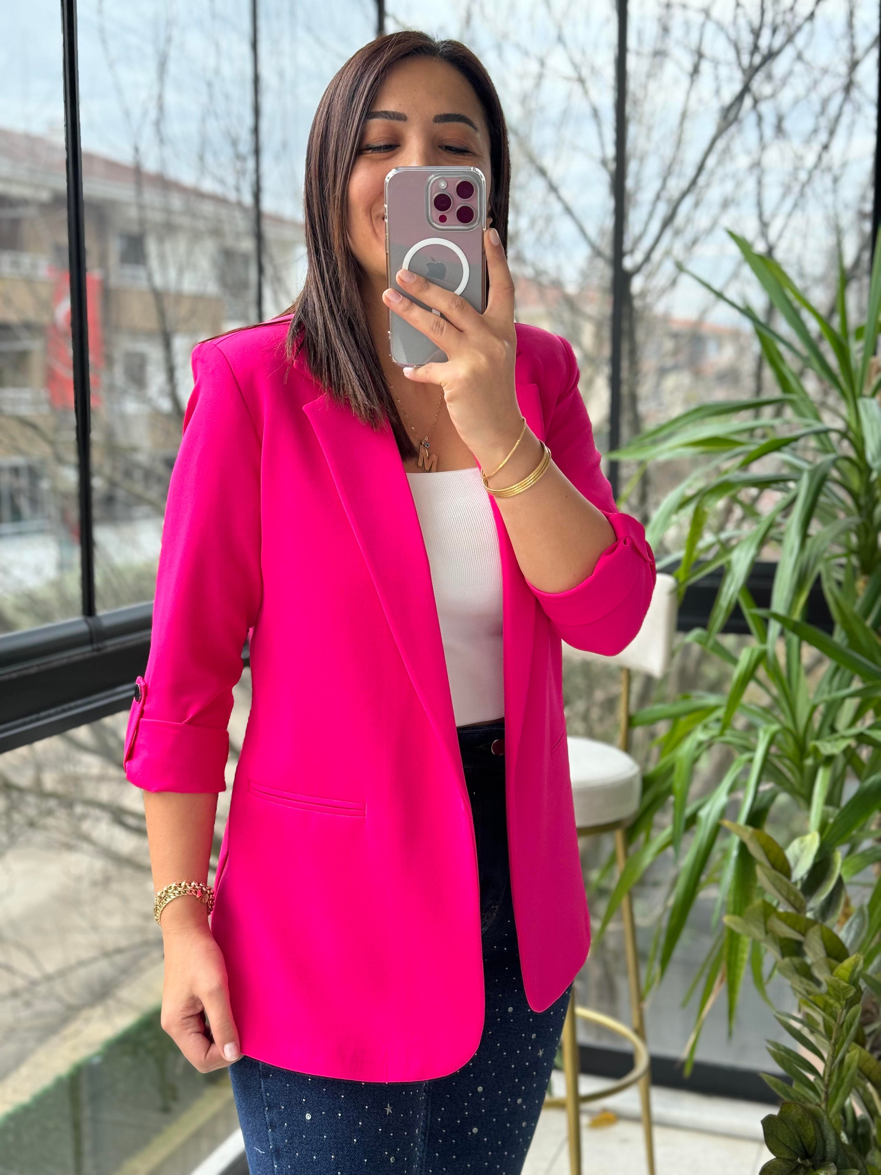 Kolu Kat Detaylı Blazer Ceket Fuşya