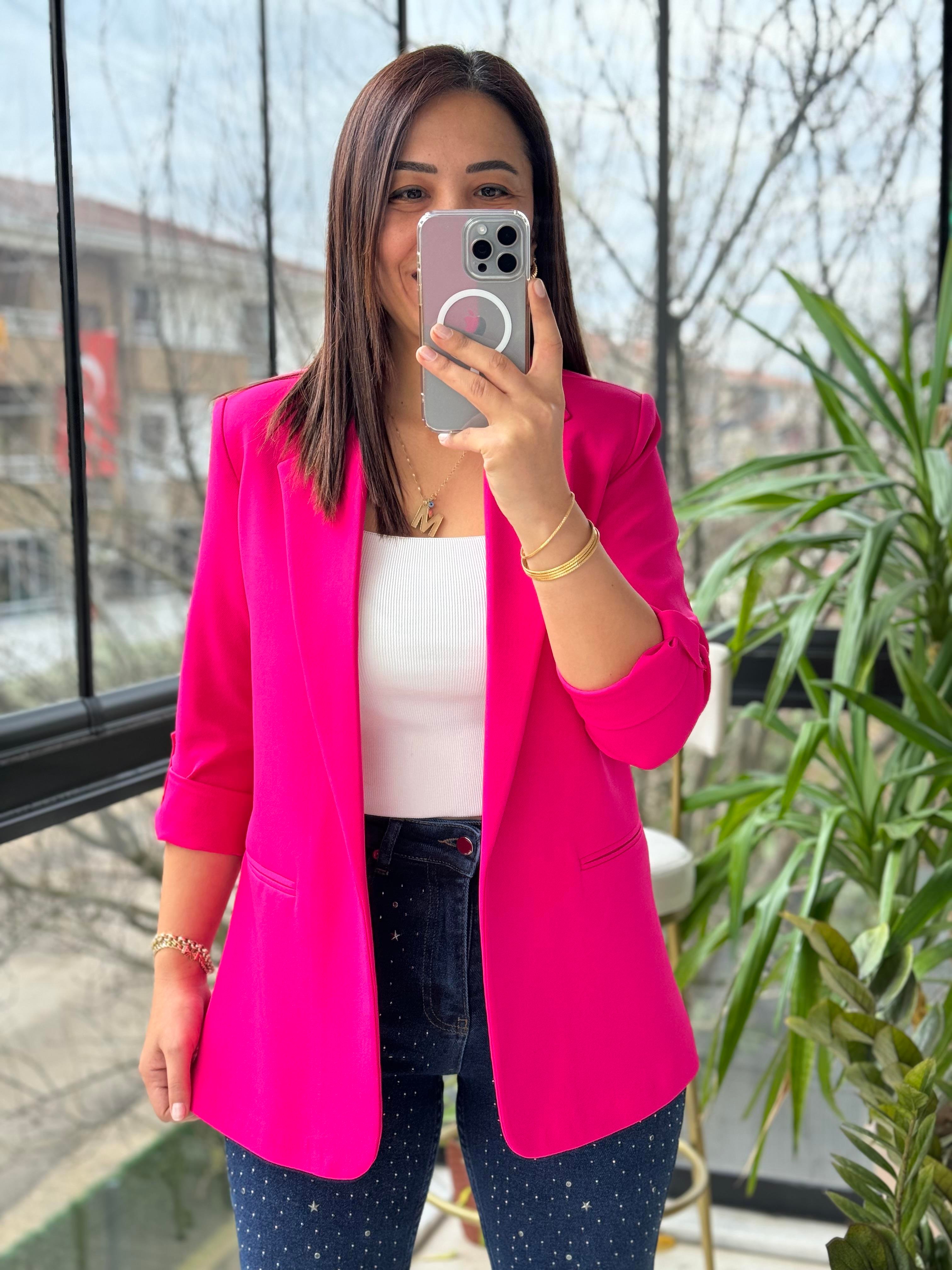 Kolu Kat Detaylı Blazer Ceket Fuşya