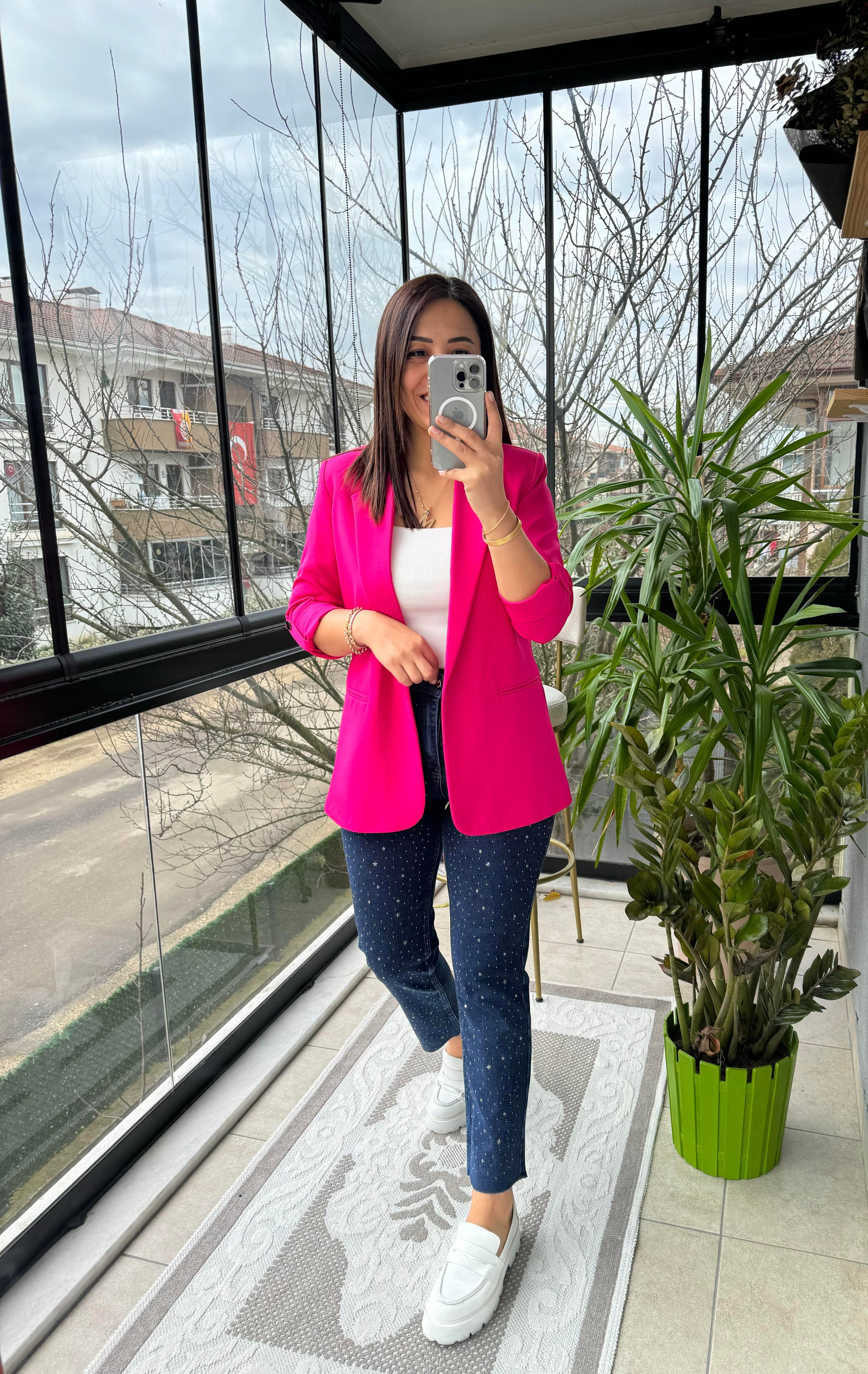 Kolu Kat Detaylı Blazer Ceket Fuşya