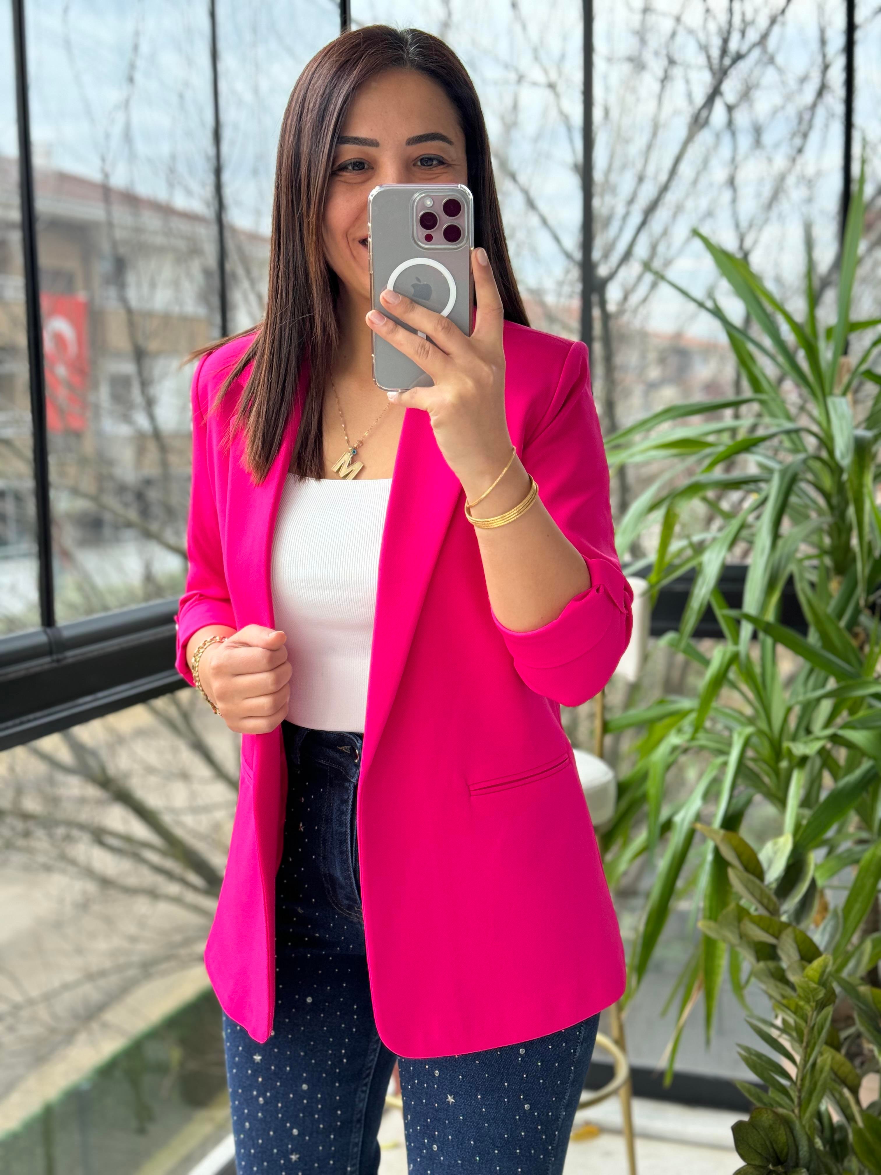 Kolu Kat Detaylı Blazer Ceket Fuşya
