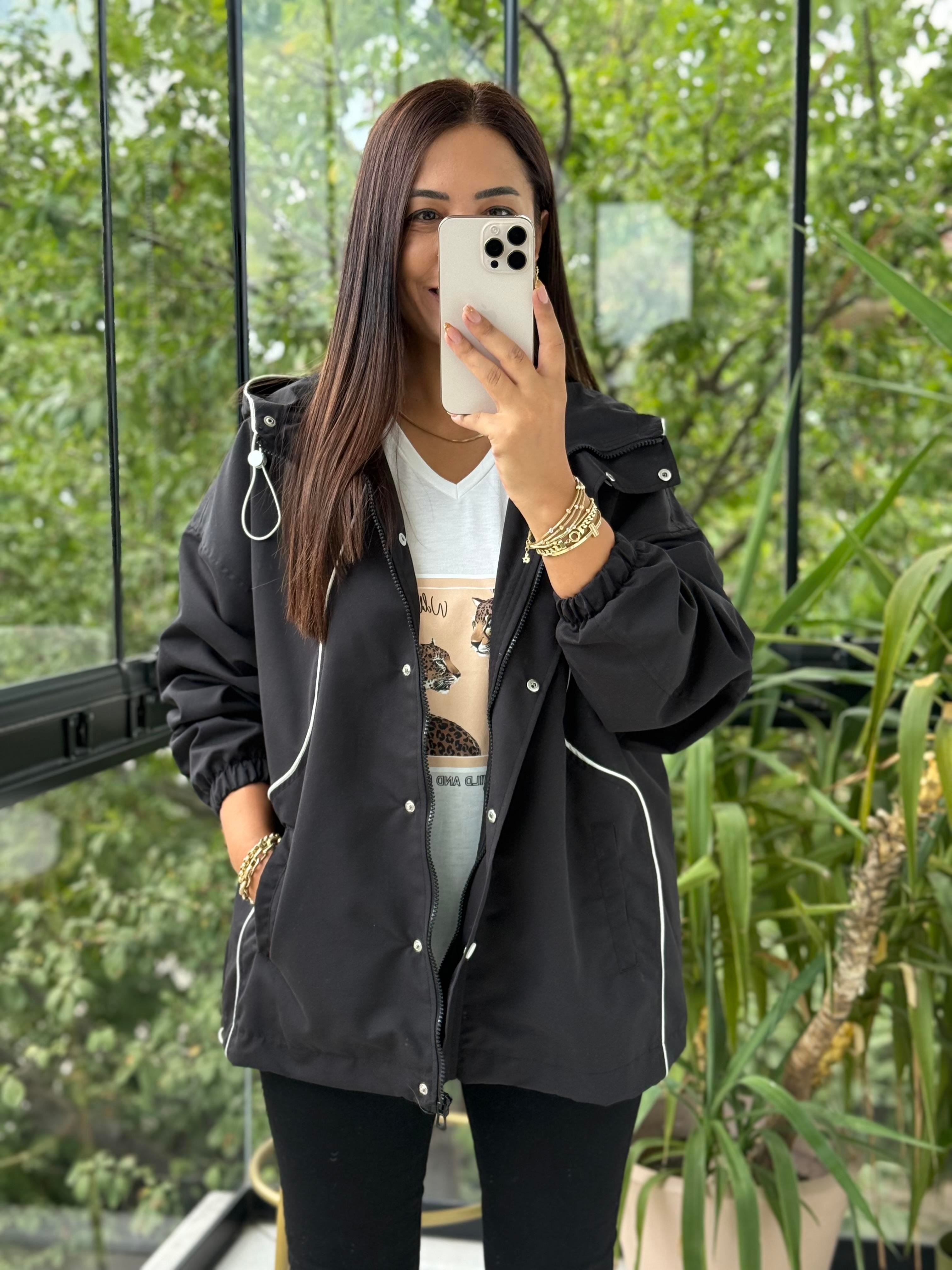 Kontrast Biyeli Ceket Siyah