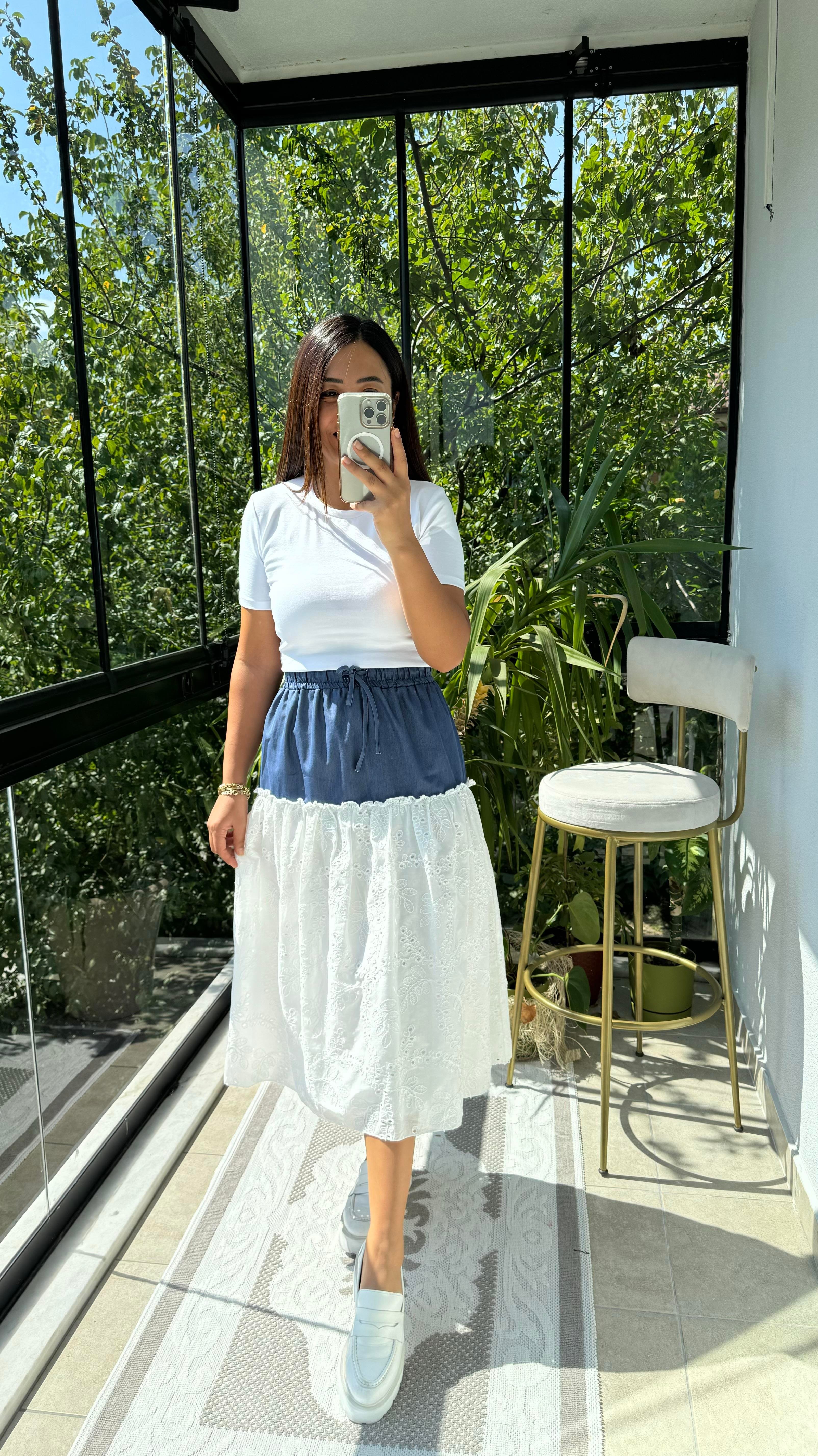 Kot Detaylı Fisto Etek Beyaz