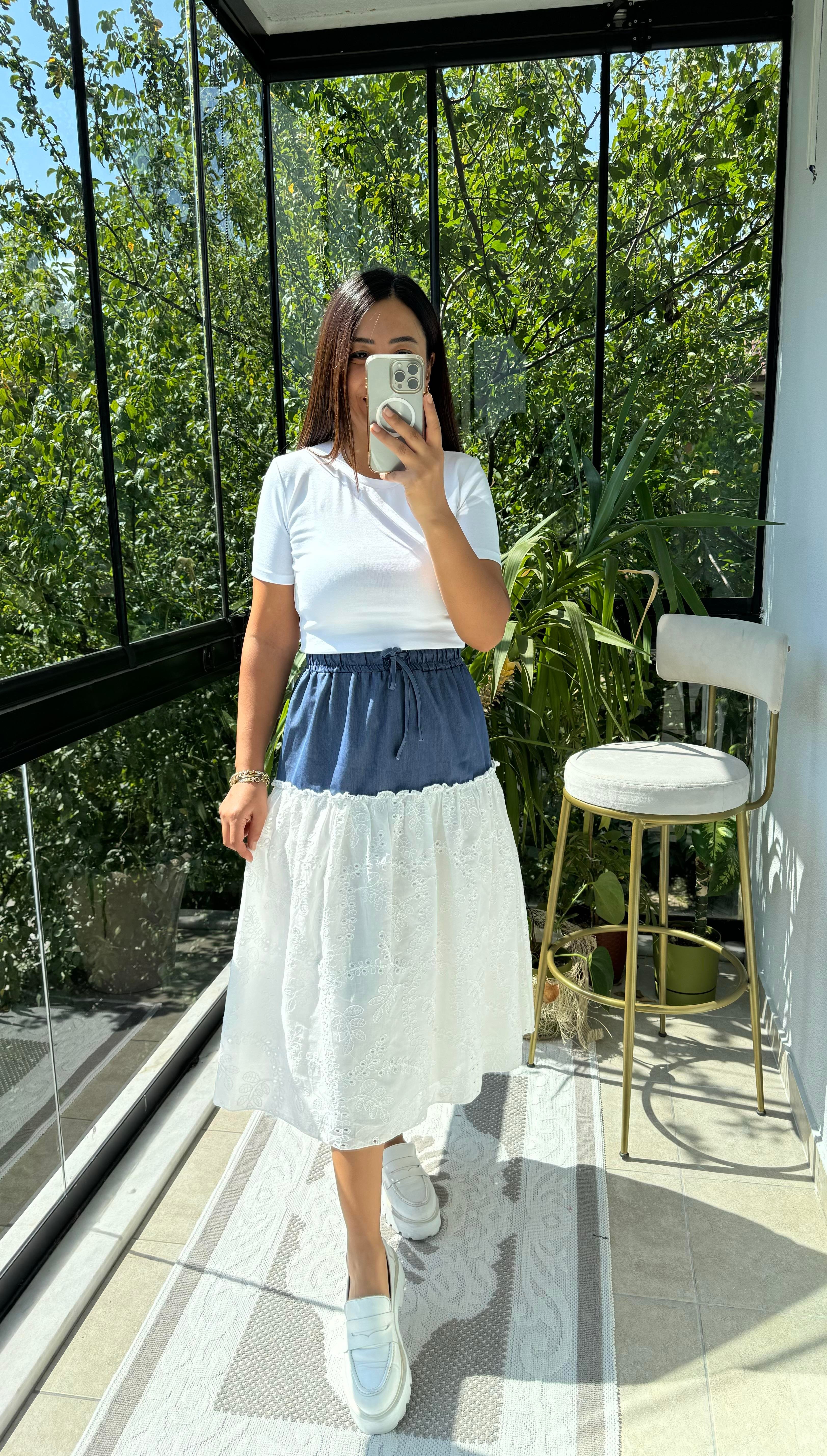 Kot Detaylı Fisto Etek Beyaz