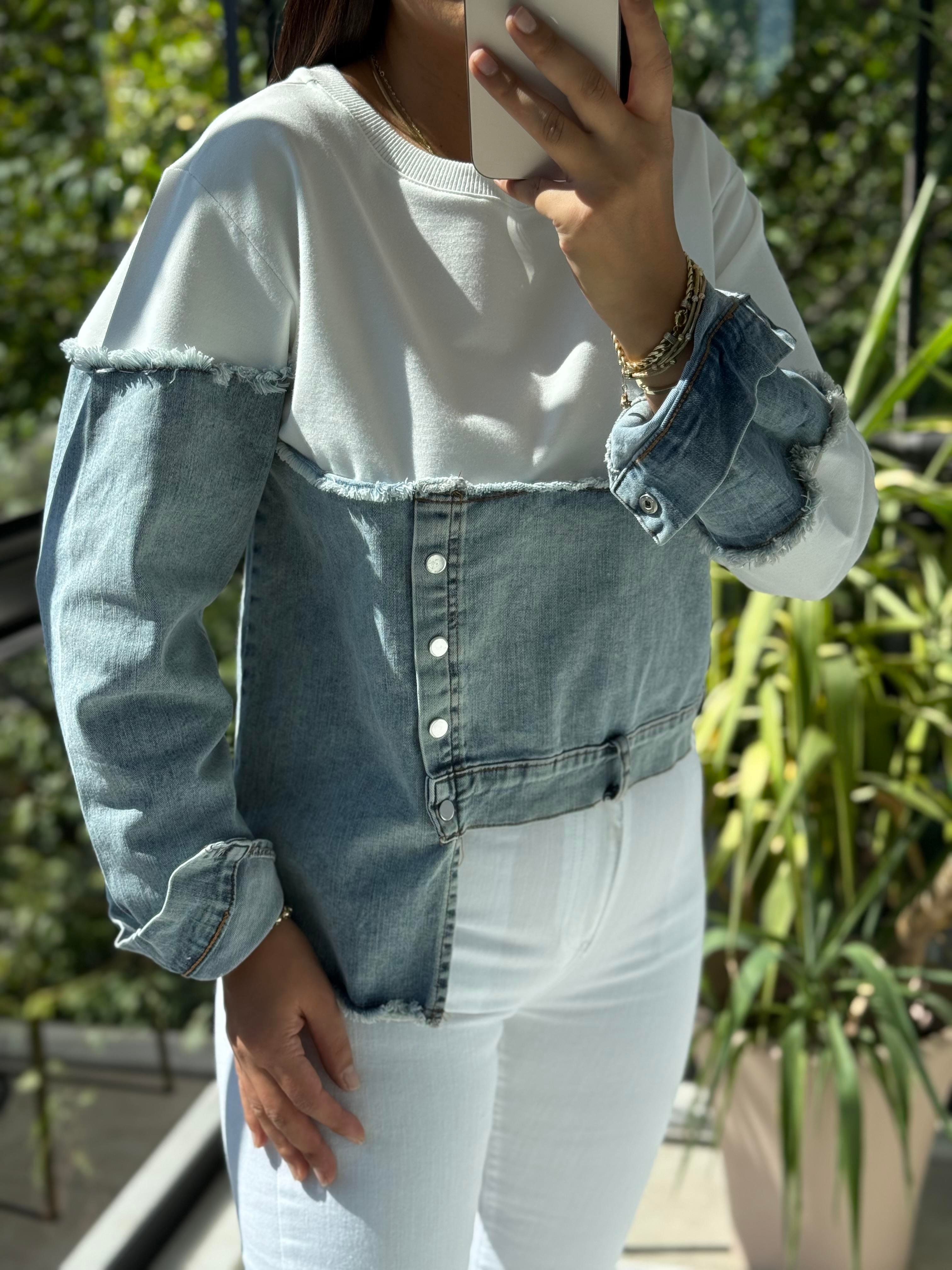 Kot Parça Detaylı Sweatshirt Beyaz