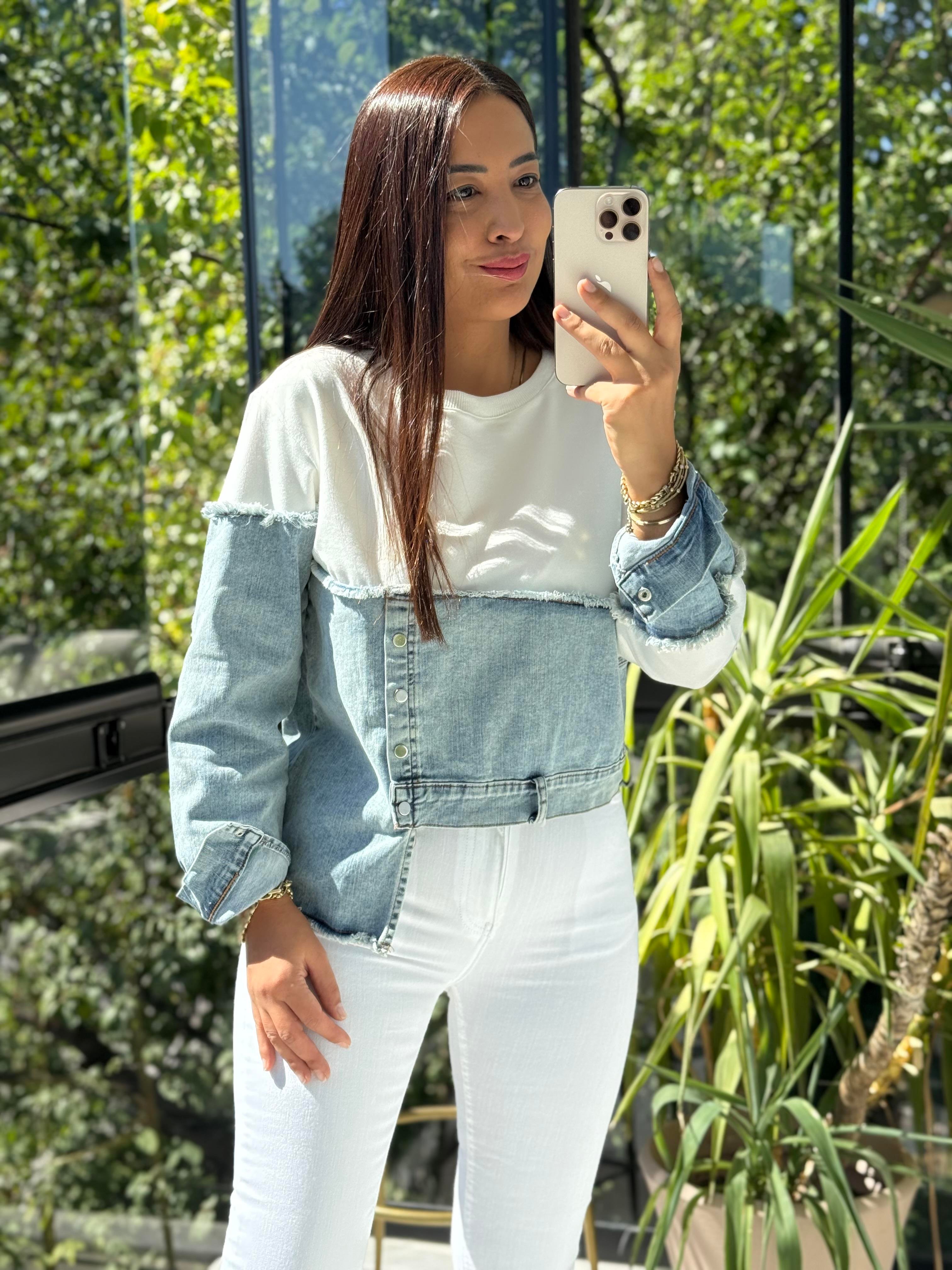 Kot Parça Detaylı Sweatshirt Beyaz