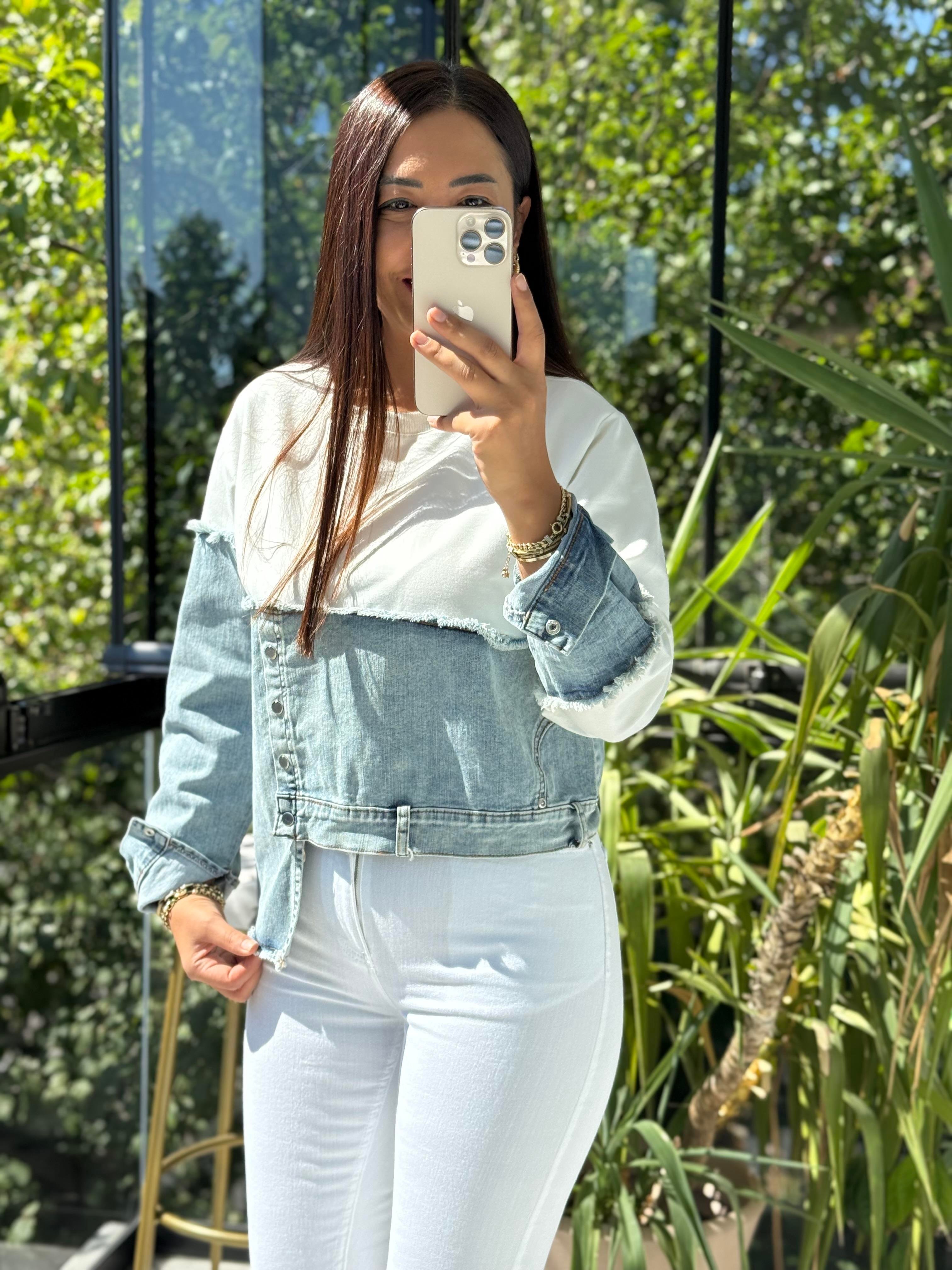 Kot Parça Detaylı Sweatshirt Beyaz