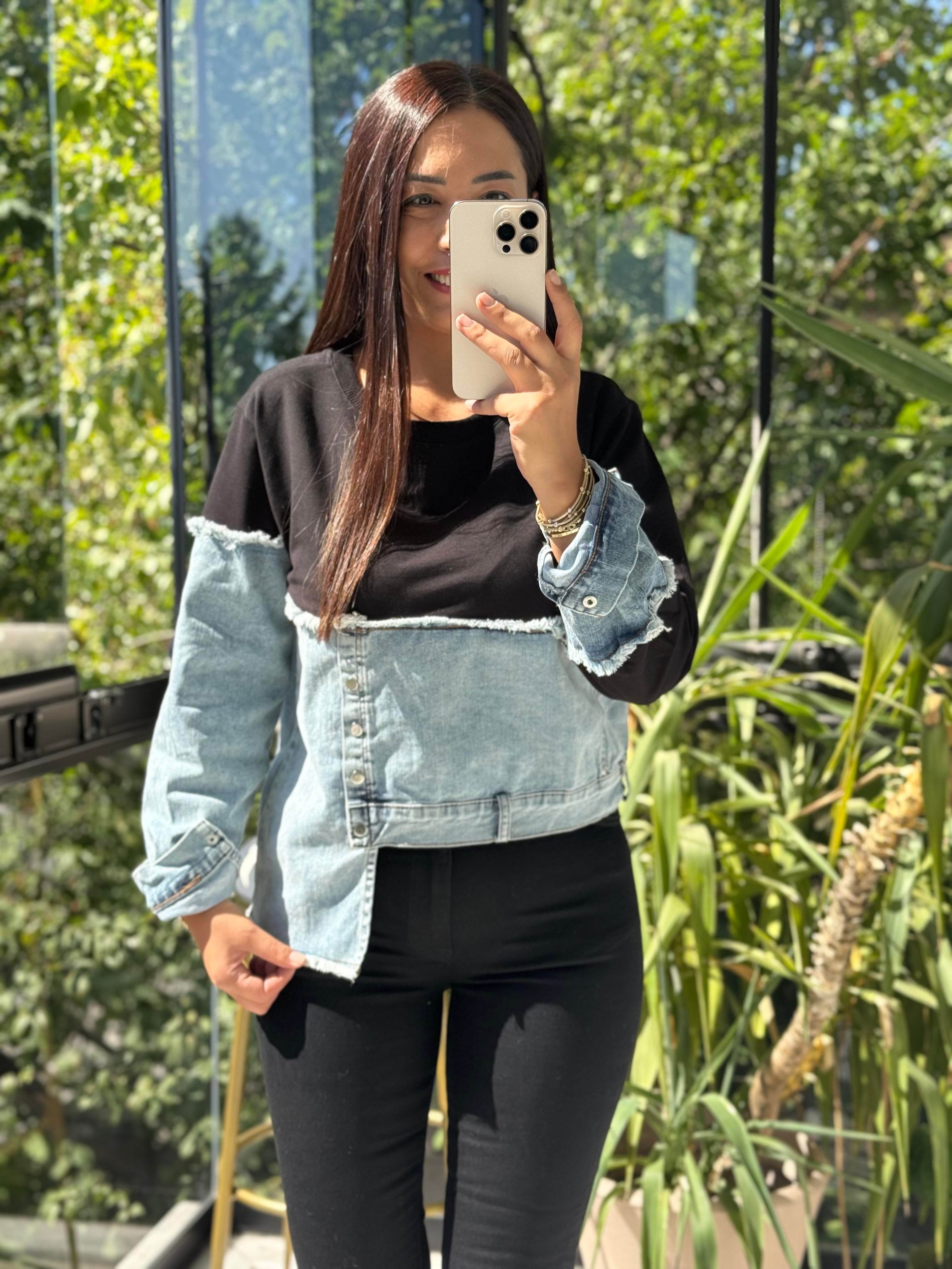 Kot Parça Detaylı Sweatshirt Siyah