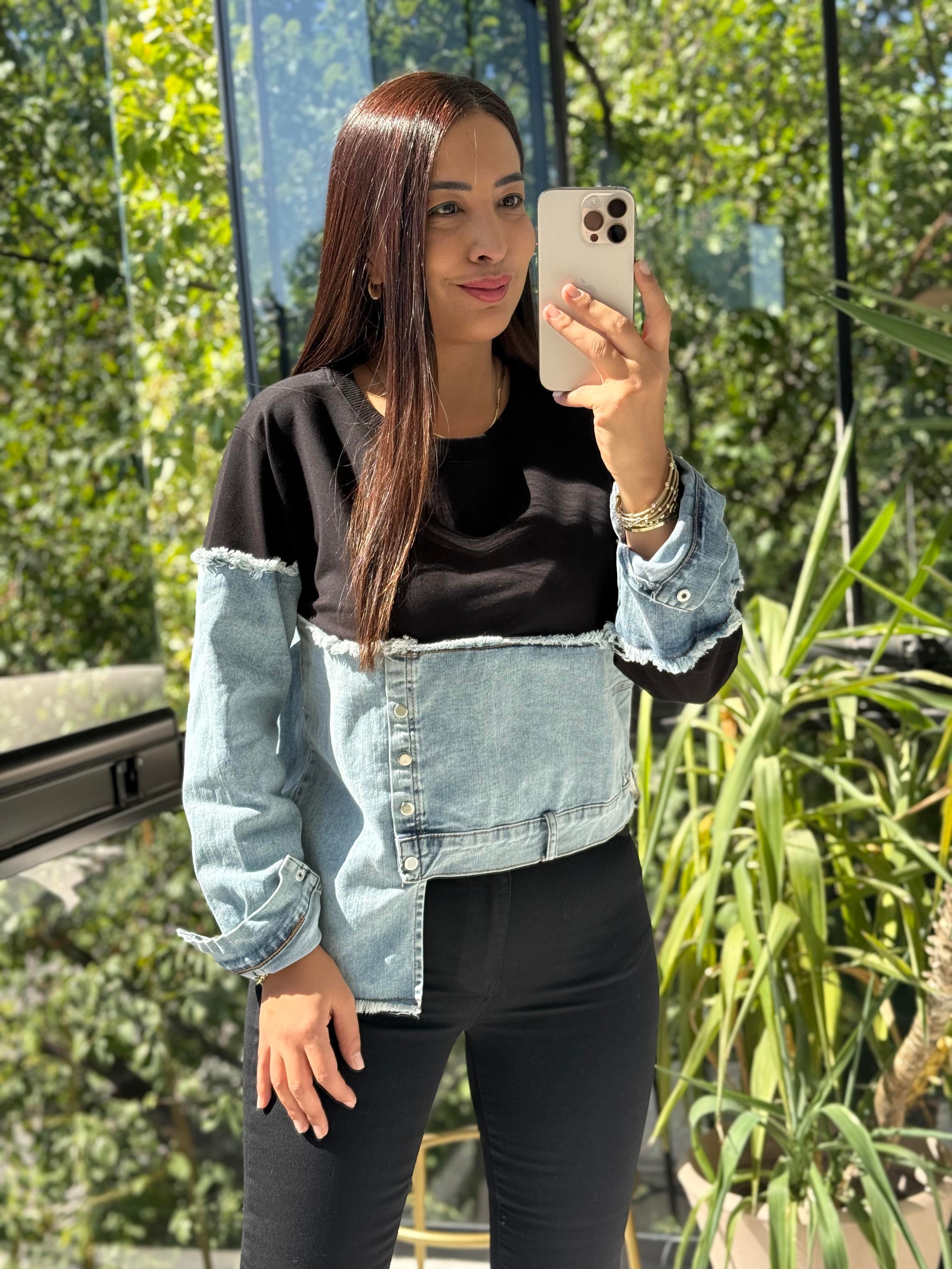 Kot Parça Detaylı Sweatshirt Siyah