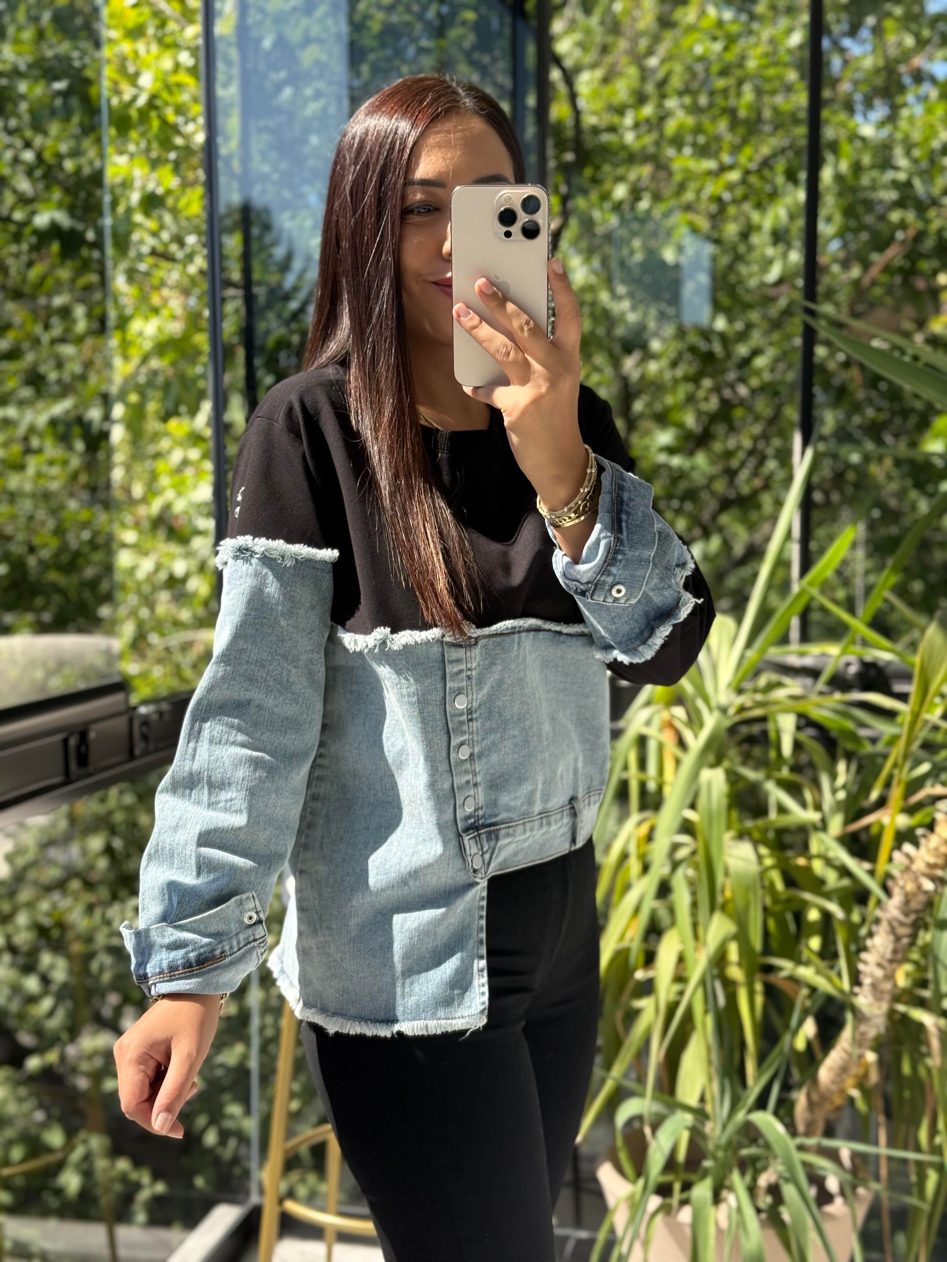 Kot Parça Detaylı Sweatshirt Siyah