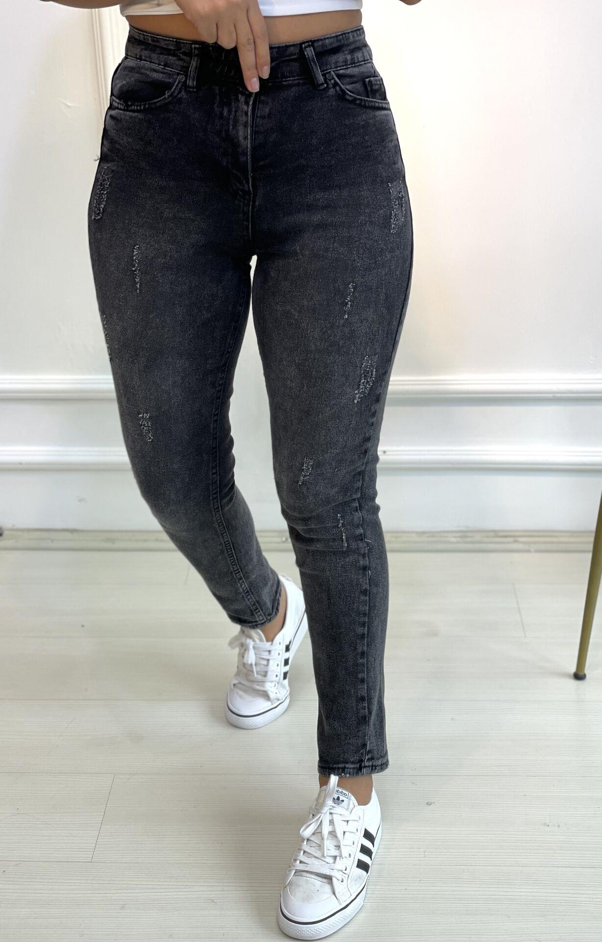 Koyu Antrasit Tırnaklı Likralı Mom Jean