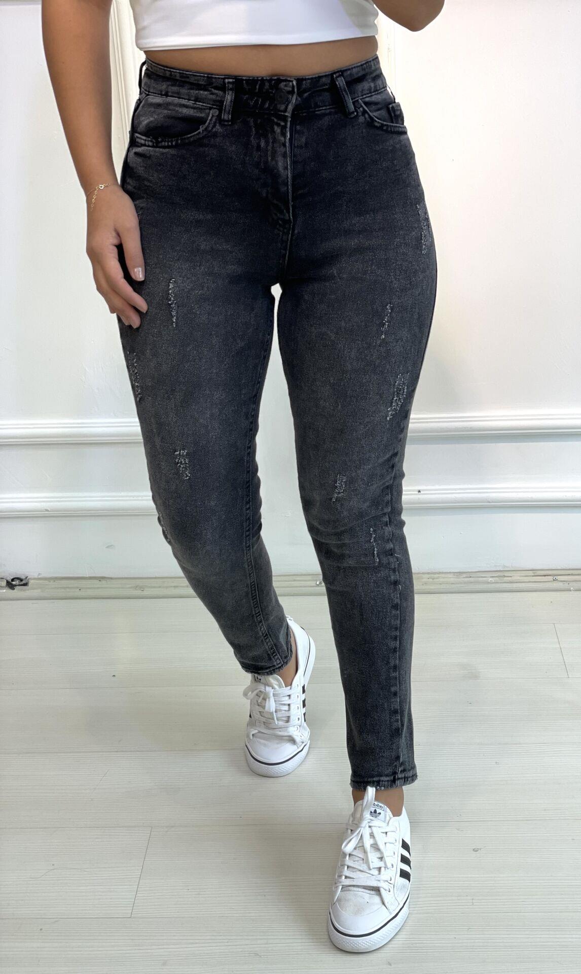 Koyu Antrasit Tırnaklı Likralı Mom Jean