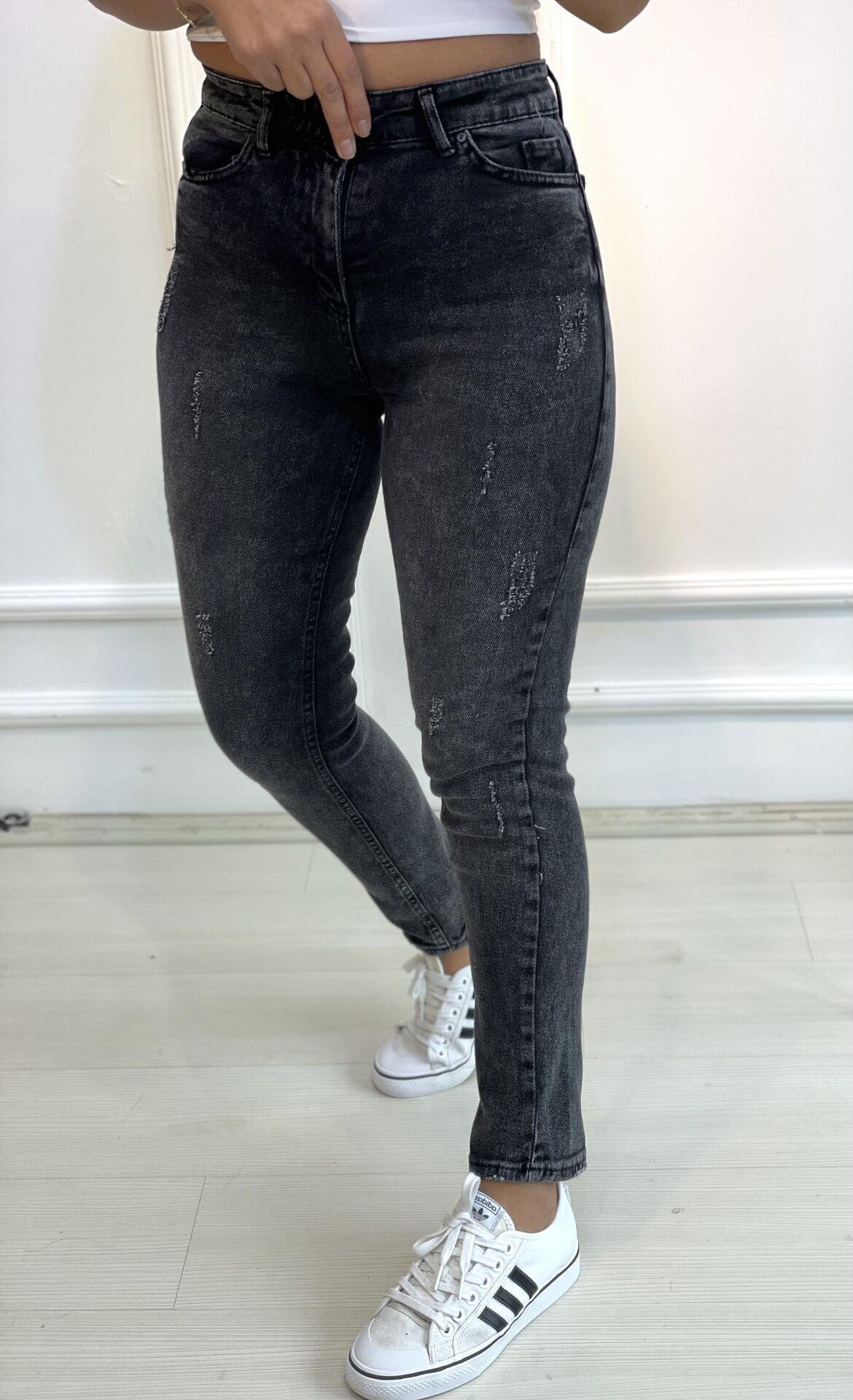 Koyu Antrasit Tırnaklı Likralı Mom Jean