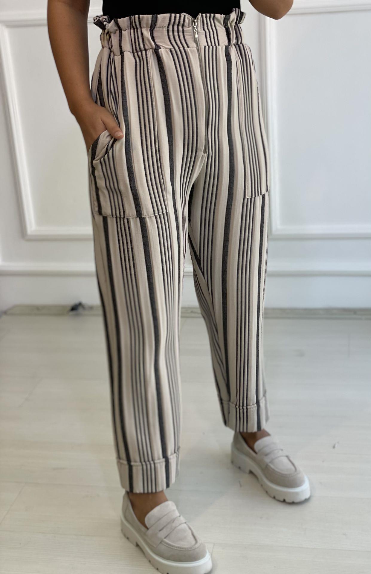 Krem Siyah Çizgili Maroken Kumaş Pantolon