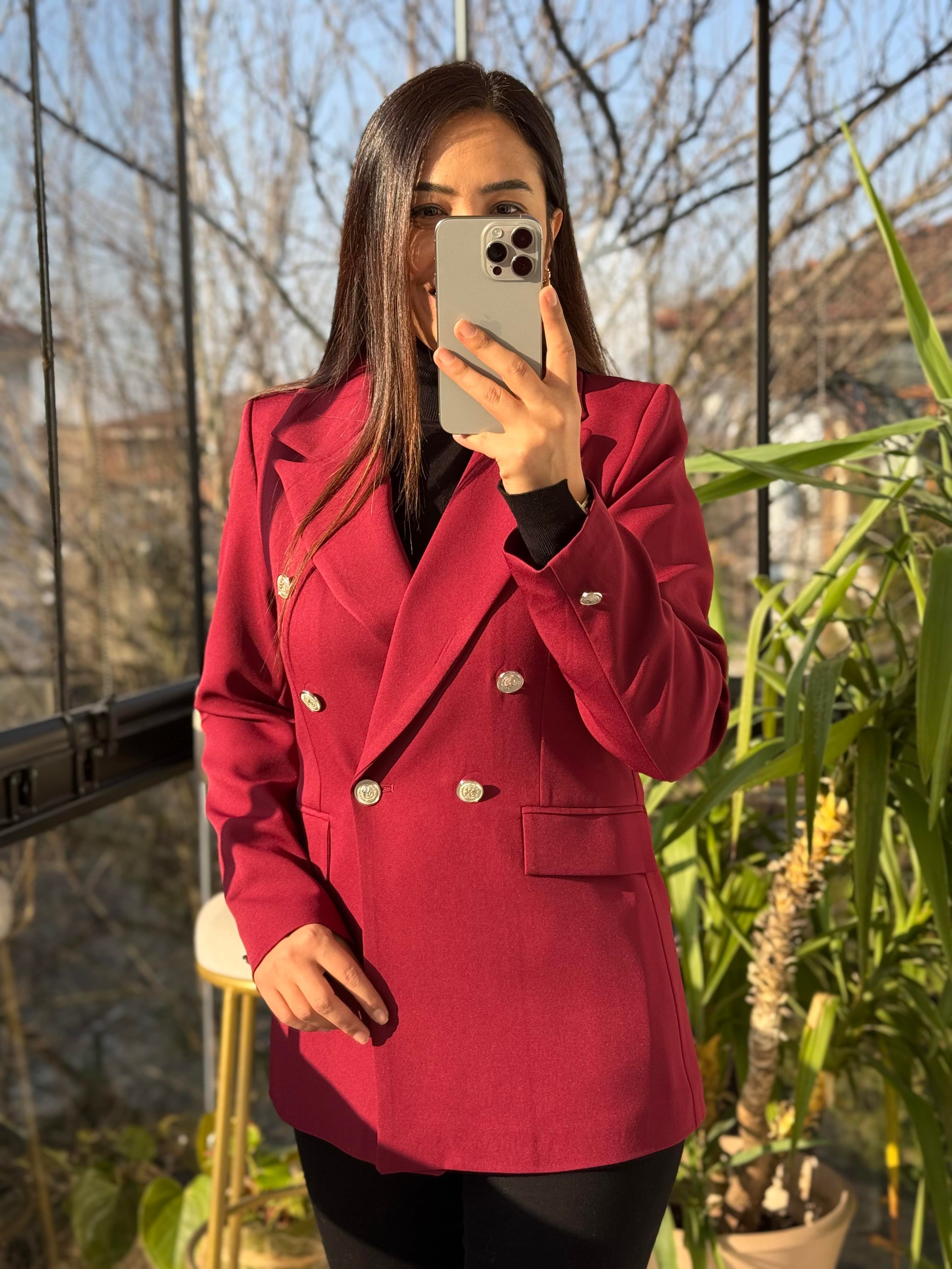 Kruvaze Atlas Blazer Ceket Bordo