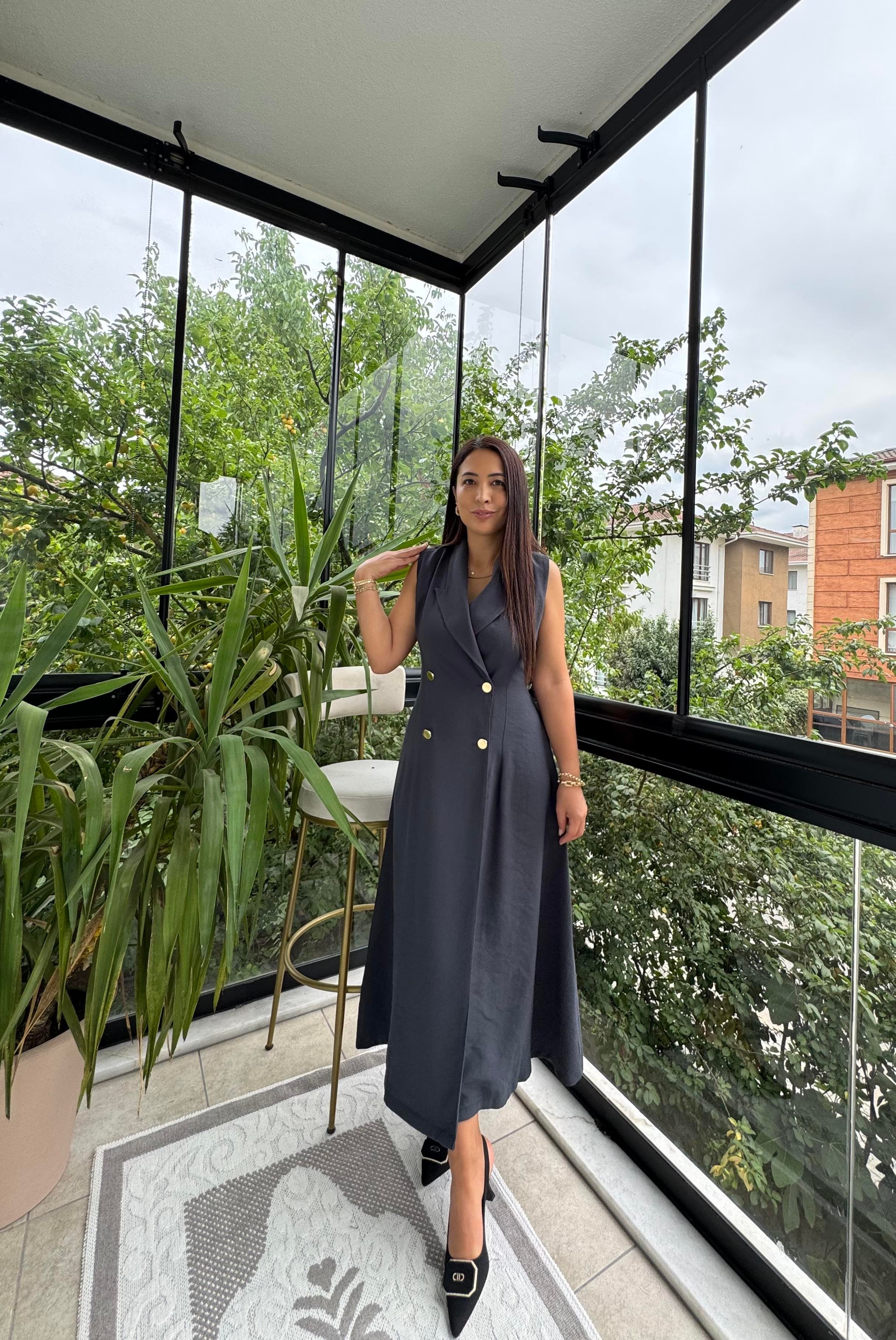 Kruvaze Gold Düğmeli Elbise Antrasit