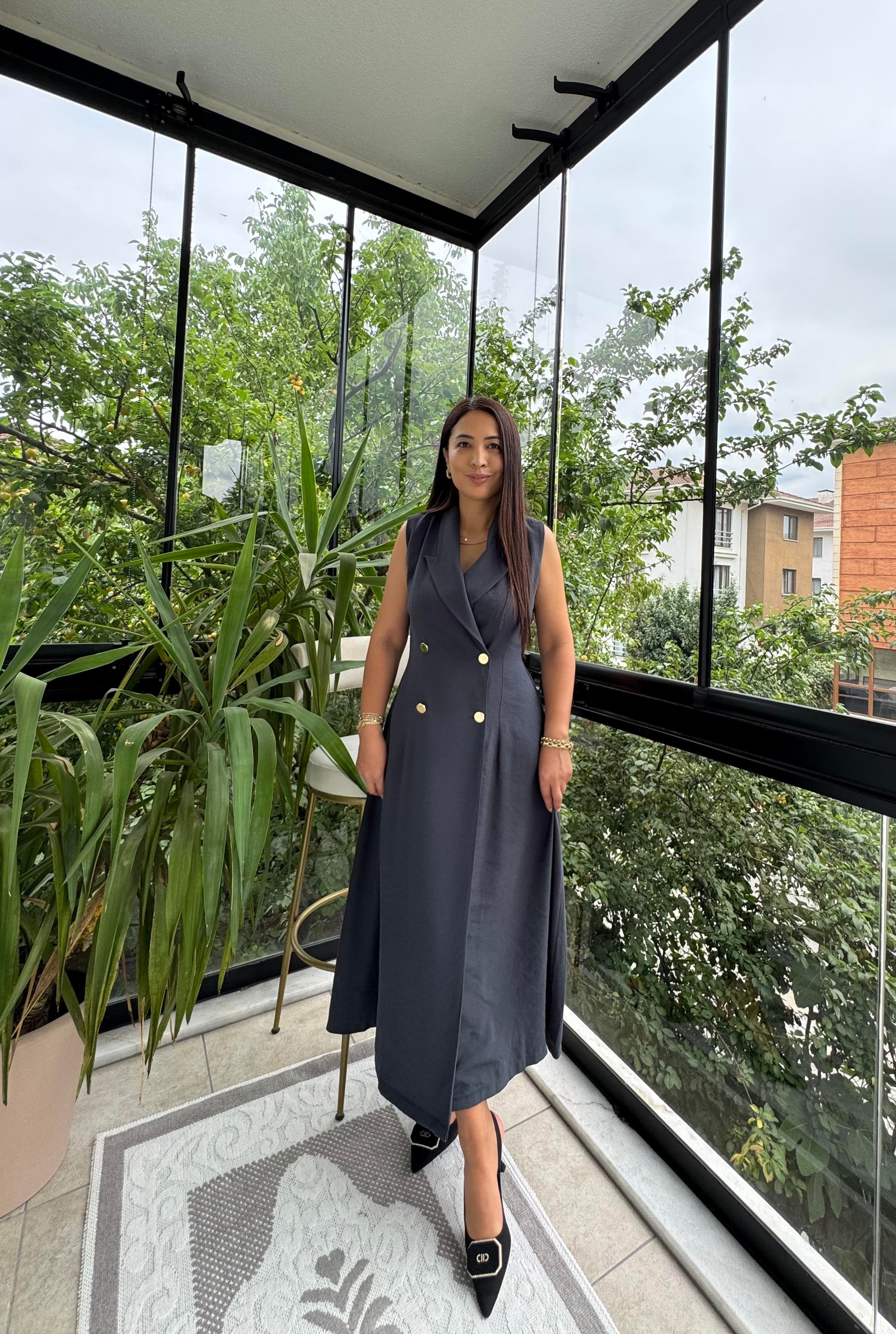 Kruvaze Gold Düğmeli Elbise Antrasit