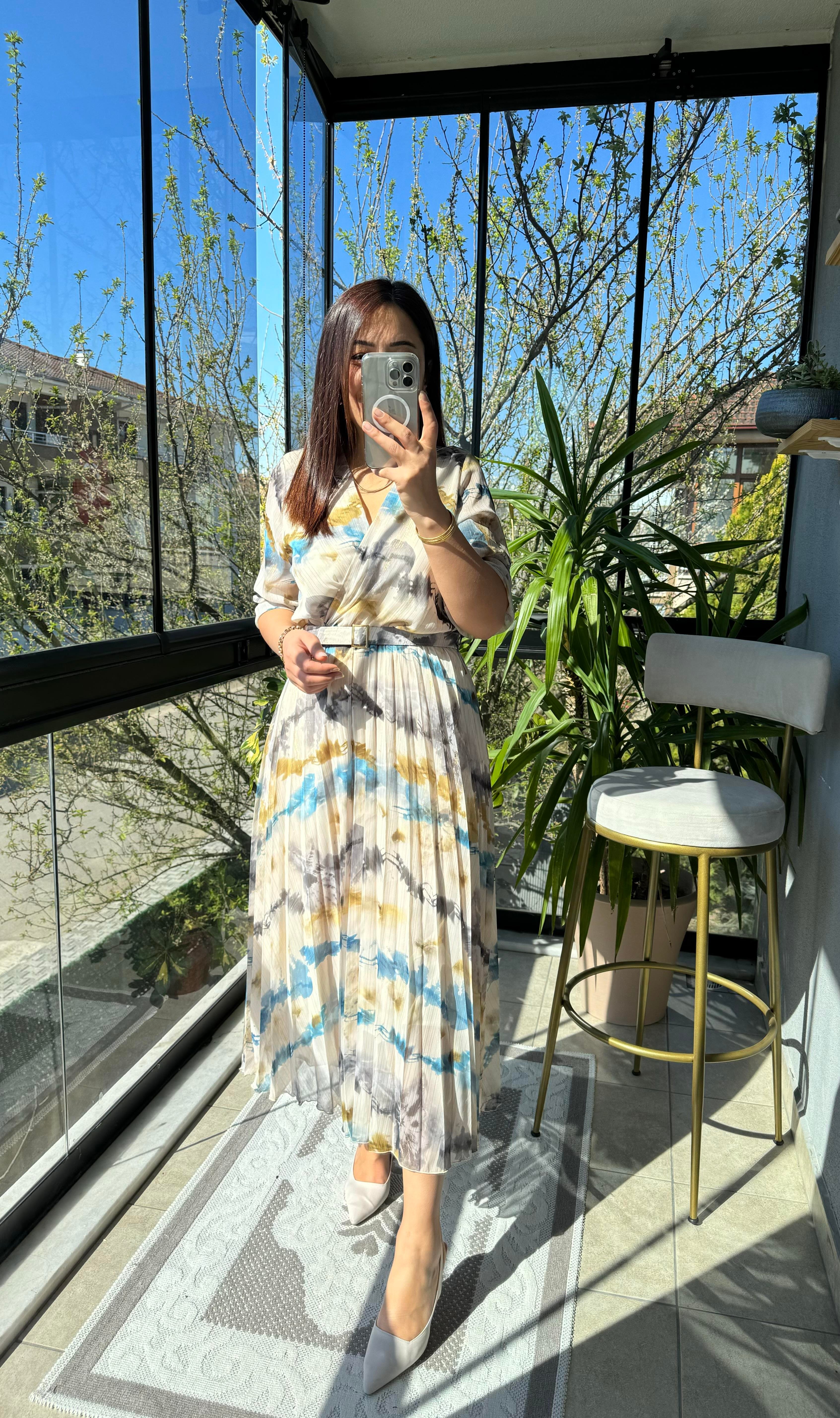 Kruvaze Kemerli Desenli Elbise Mavi