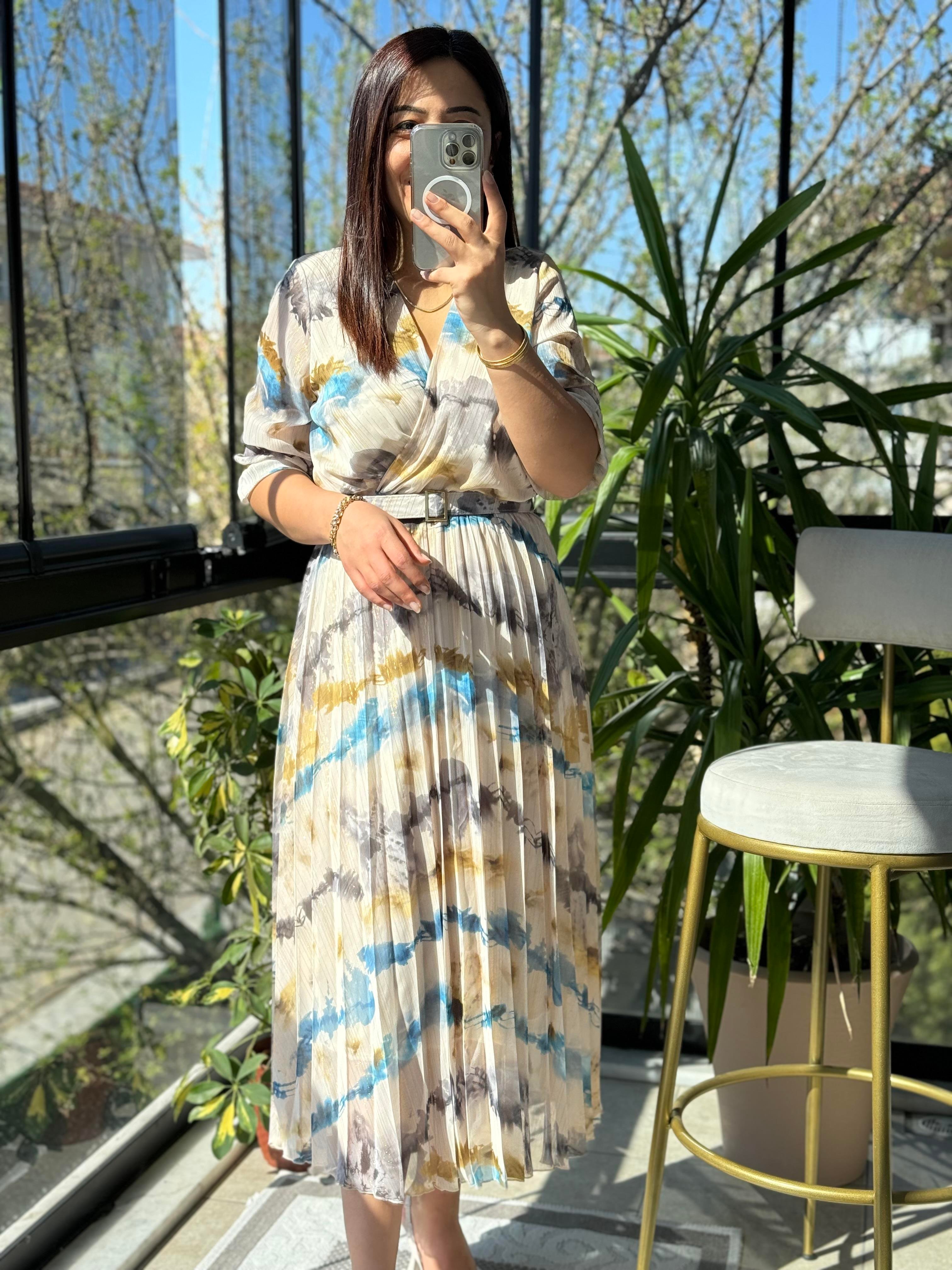 Kruvaze Kemerli Desenli Elbise Mavi