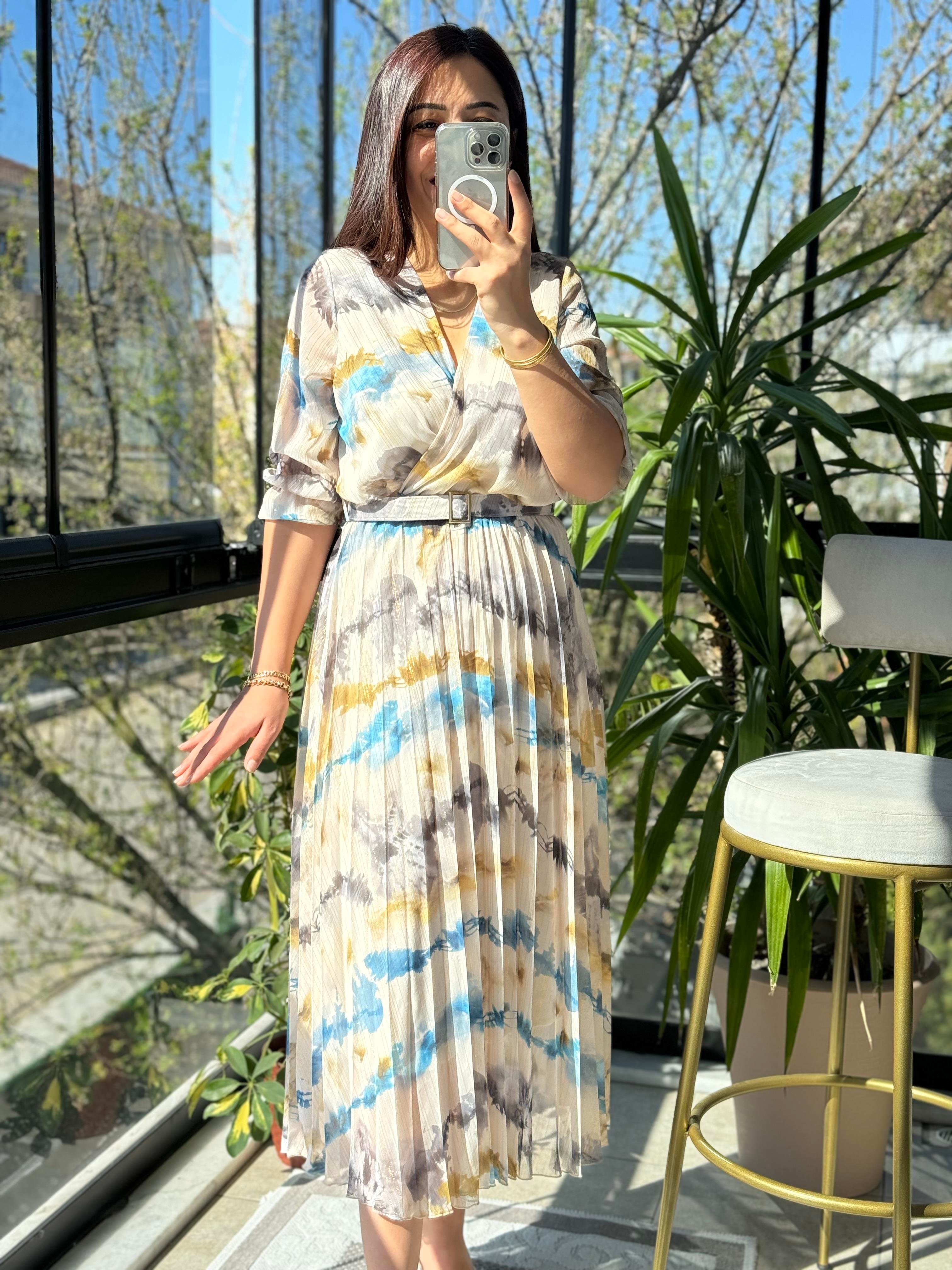 Kruvaze Kemerli Desenli Elbise Mavi