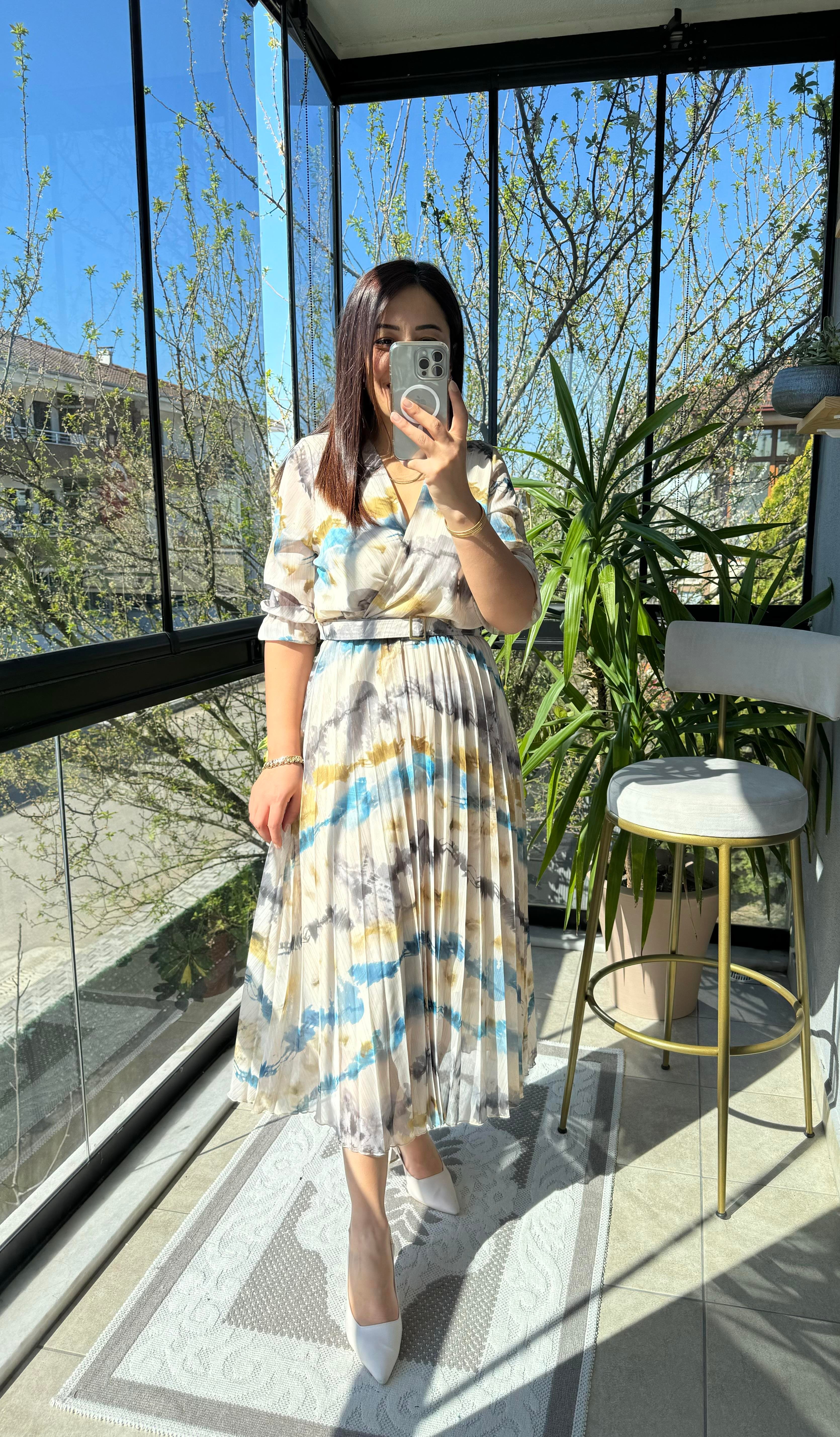 Kruvaze Kemerli Desenli Elbise Mavi