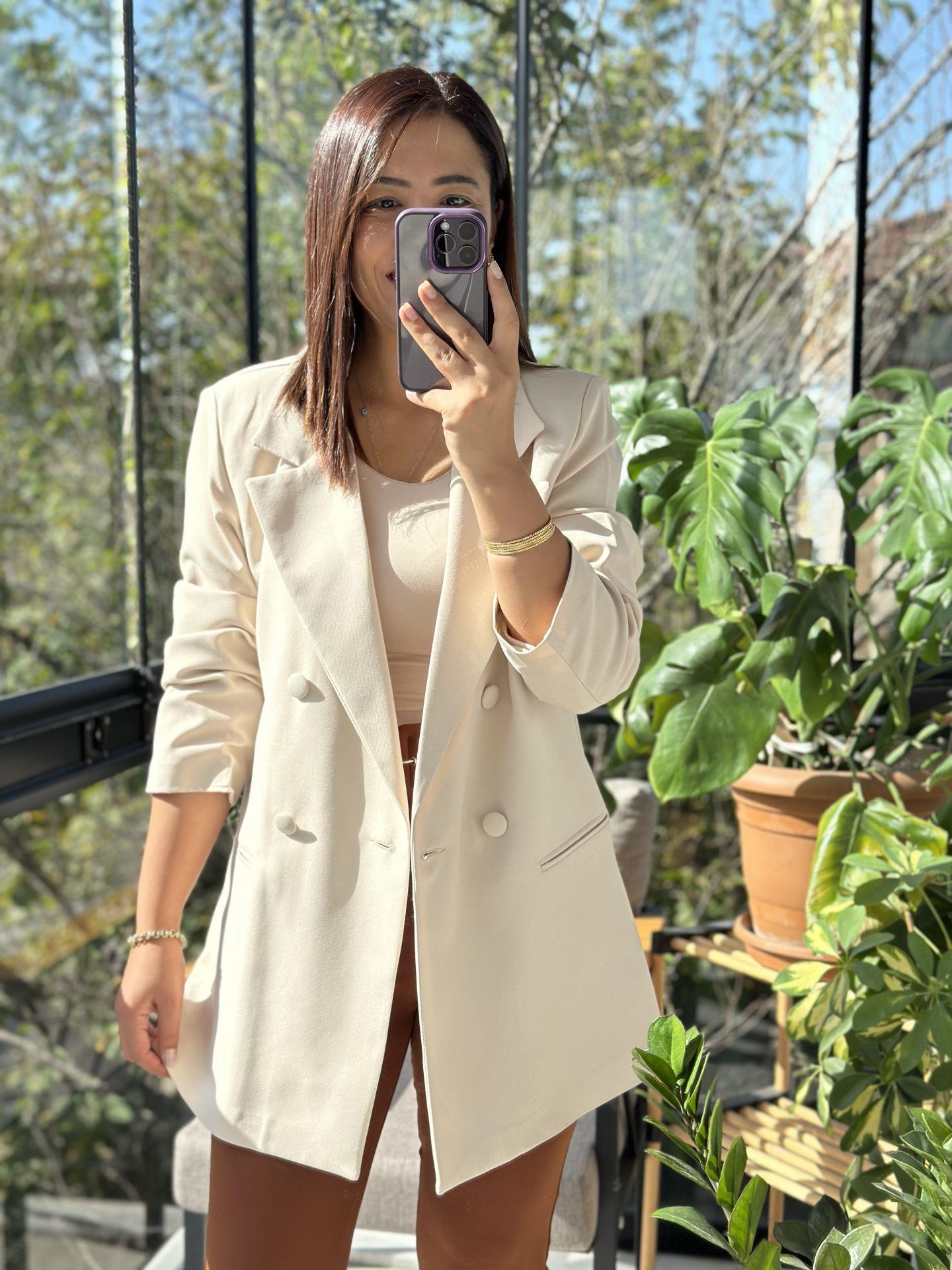 Kumaş Kaplama Kruvaze Blazer Ceket Krem