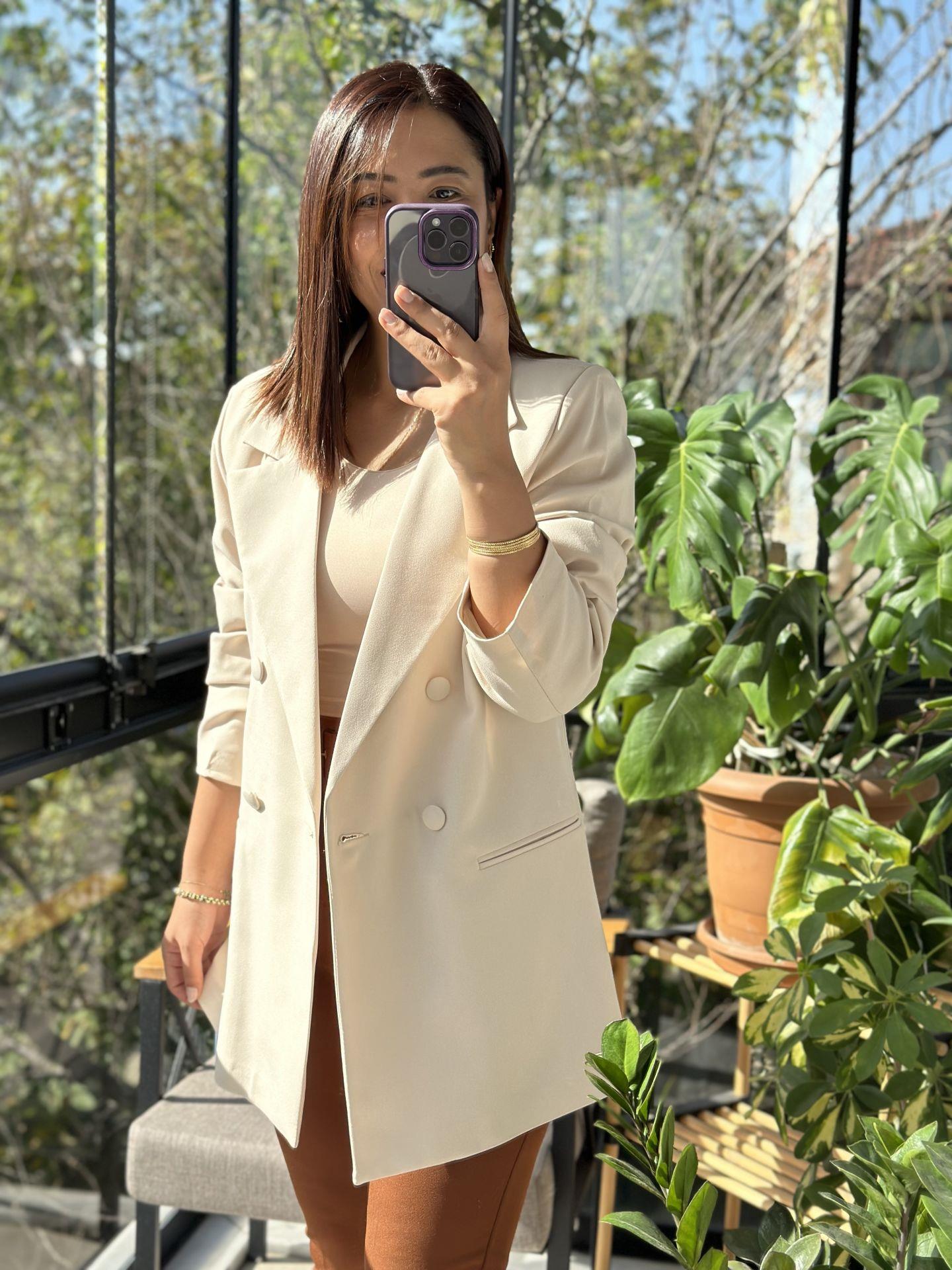 Kumaş Kaplama Kruvaze Blazer Ceket Krem