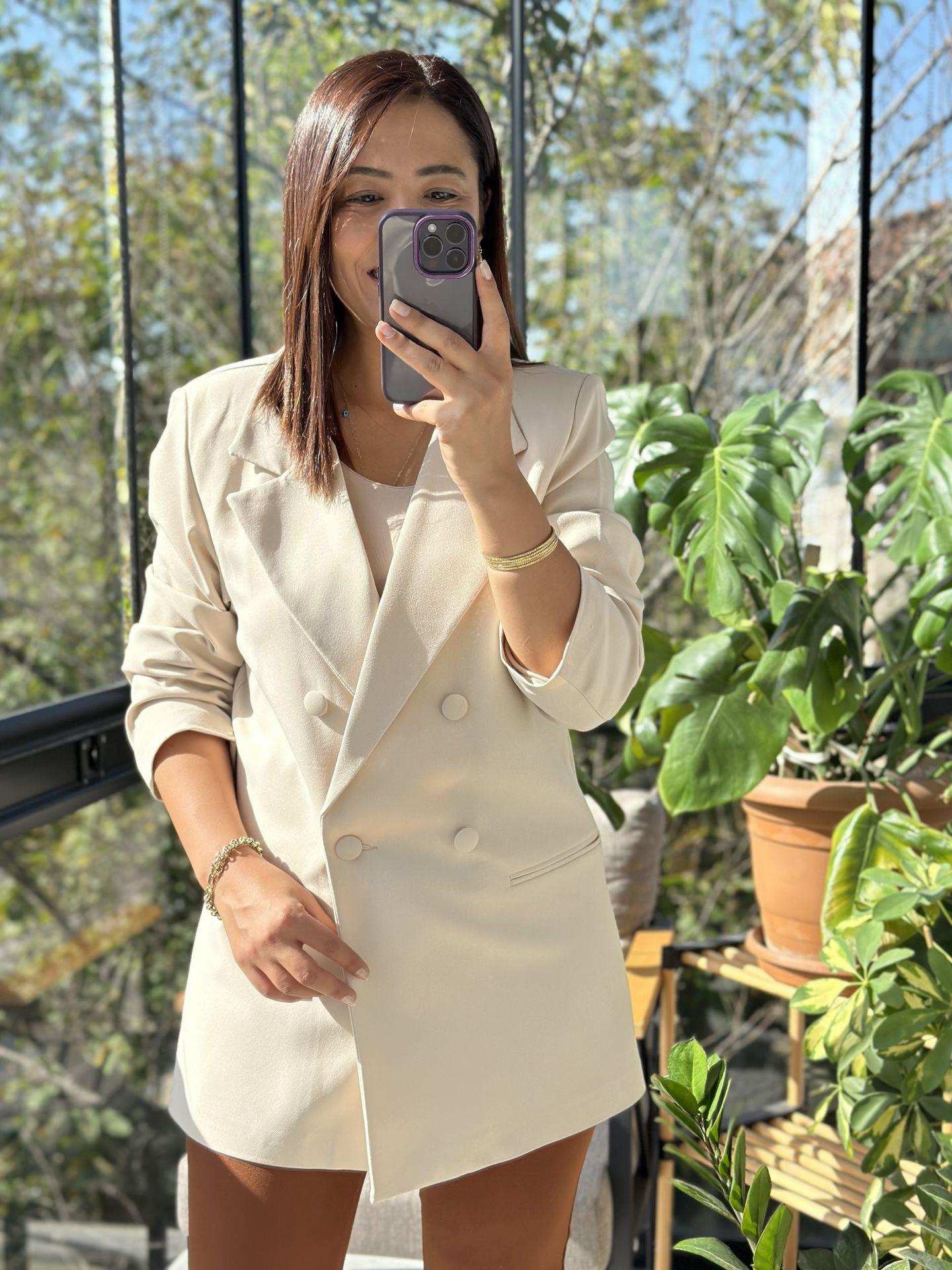 Kumaş Kaplama Kruvaze Blazer Ceket Krem