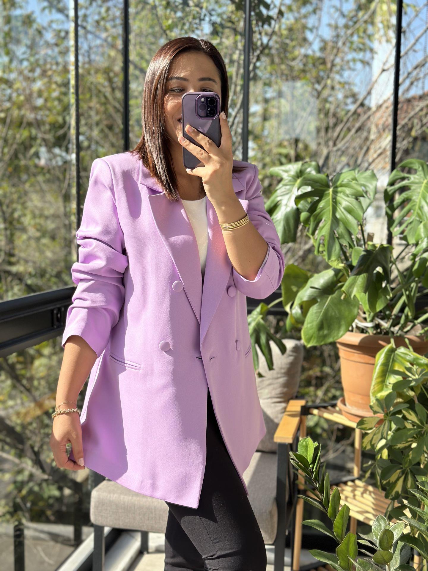 Kumaş Kaplama Kruvaze Blazer Ceket Lila
