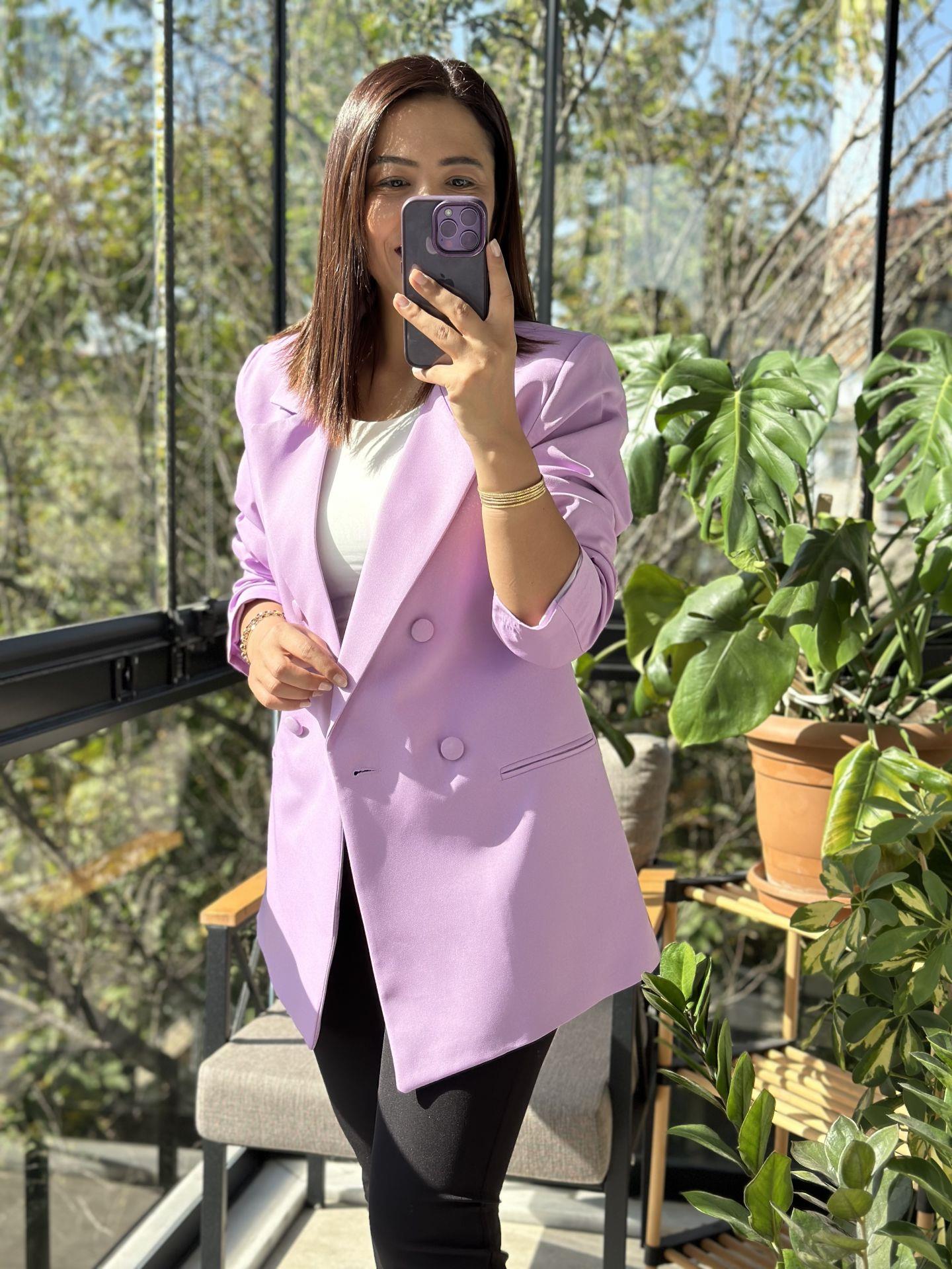 Kumaş Kaplama Kruvaze Blazer Ceket Lila